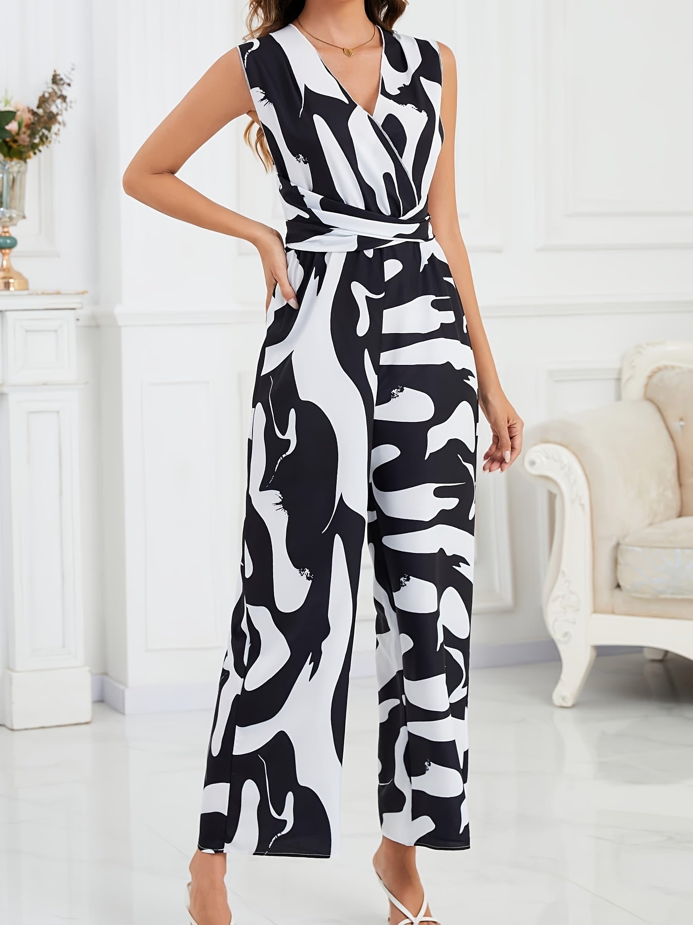1pc Women'S Fashionable Random Print Backless Jumpsuit