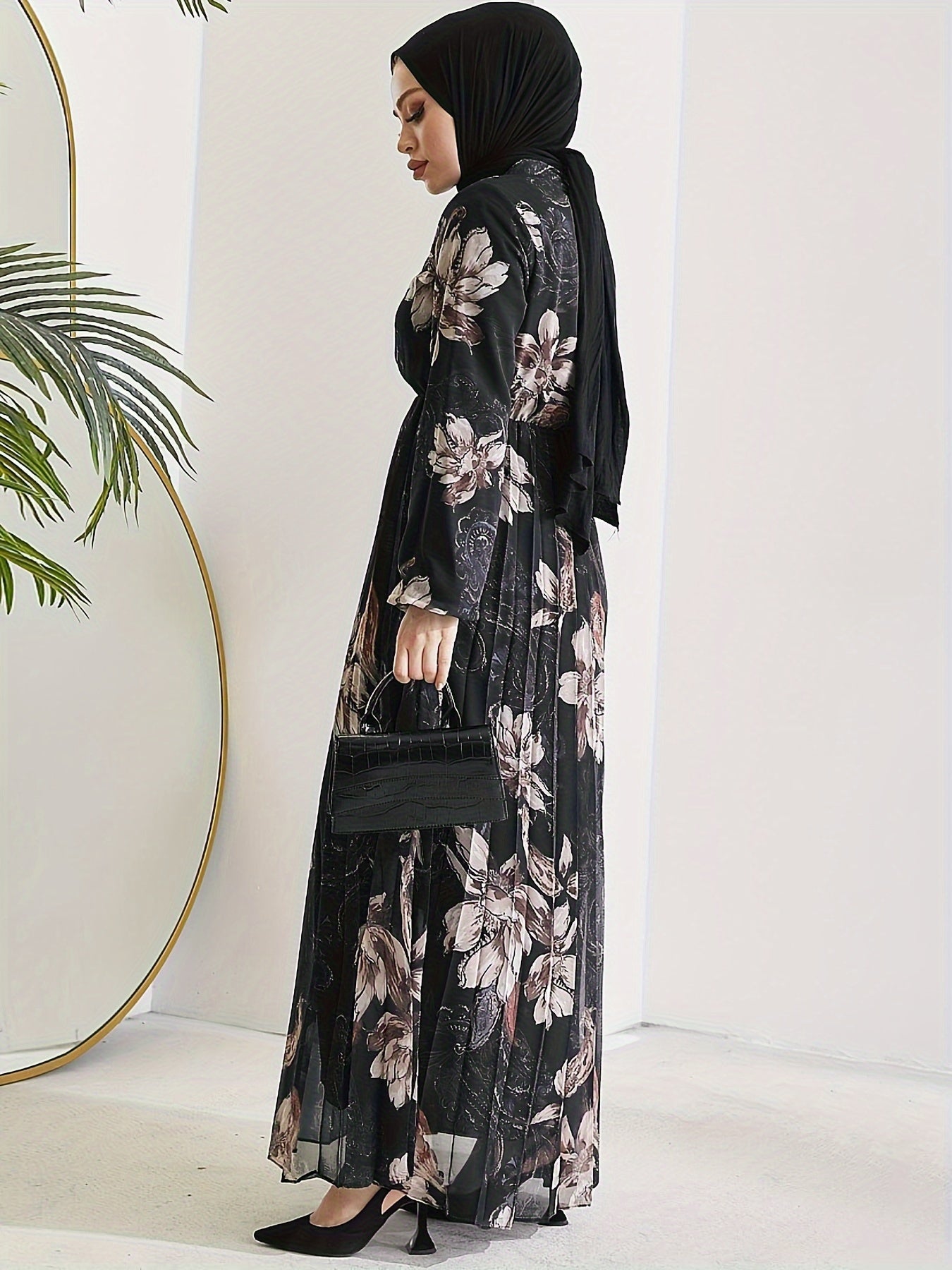 Stunning Floral Print Maxi Kaftan Dress - Modest Long Sleeve, Pleated, Flowy, Polyester, Machine Washable, Random Printing, Middle Eastern Style - Perfect for All Seasons