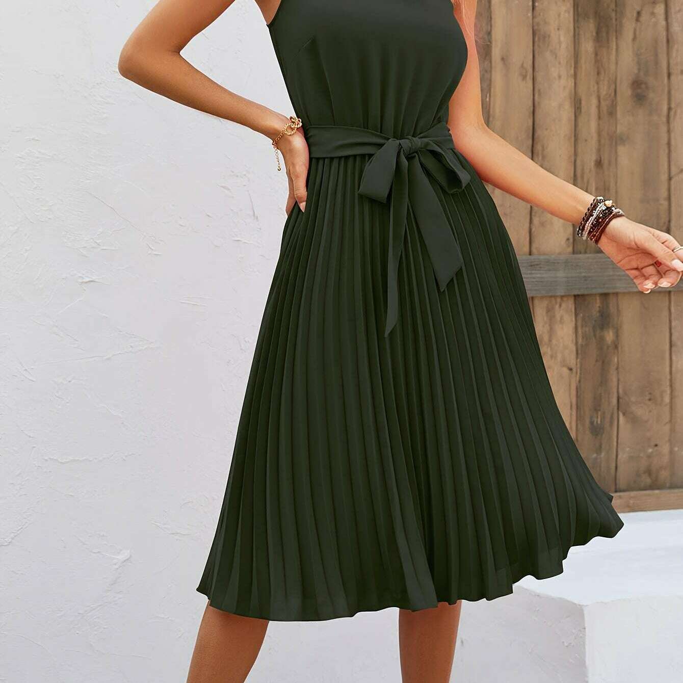 Women's Sleeveless Halter Pleated A-Line Summer Dress - D&M Boutique