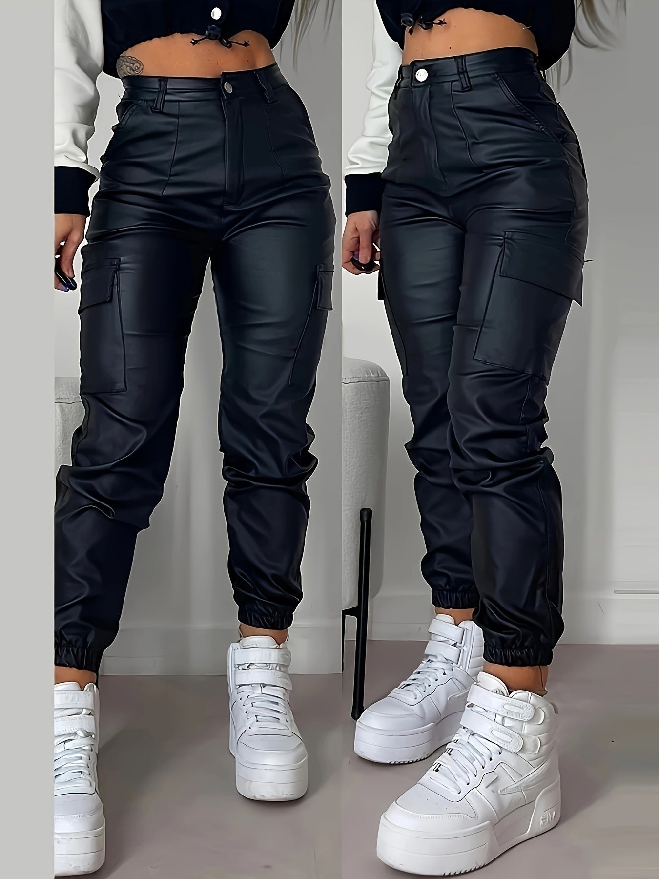 Women's Stretchy Black Cargo Denim Jeans - High-Rise, Multi-Pocket Design, Street Style, Glossy Finish, Comfort Fit for All Seasons, Versatile Denim | Highrise Cargo Jeans | Polyamide Fabric