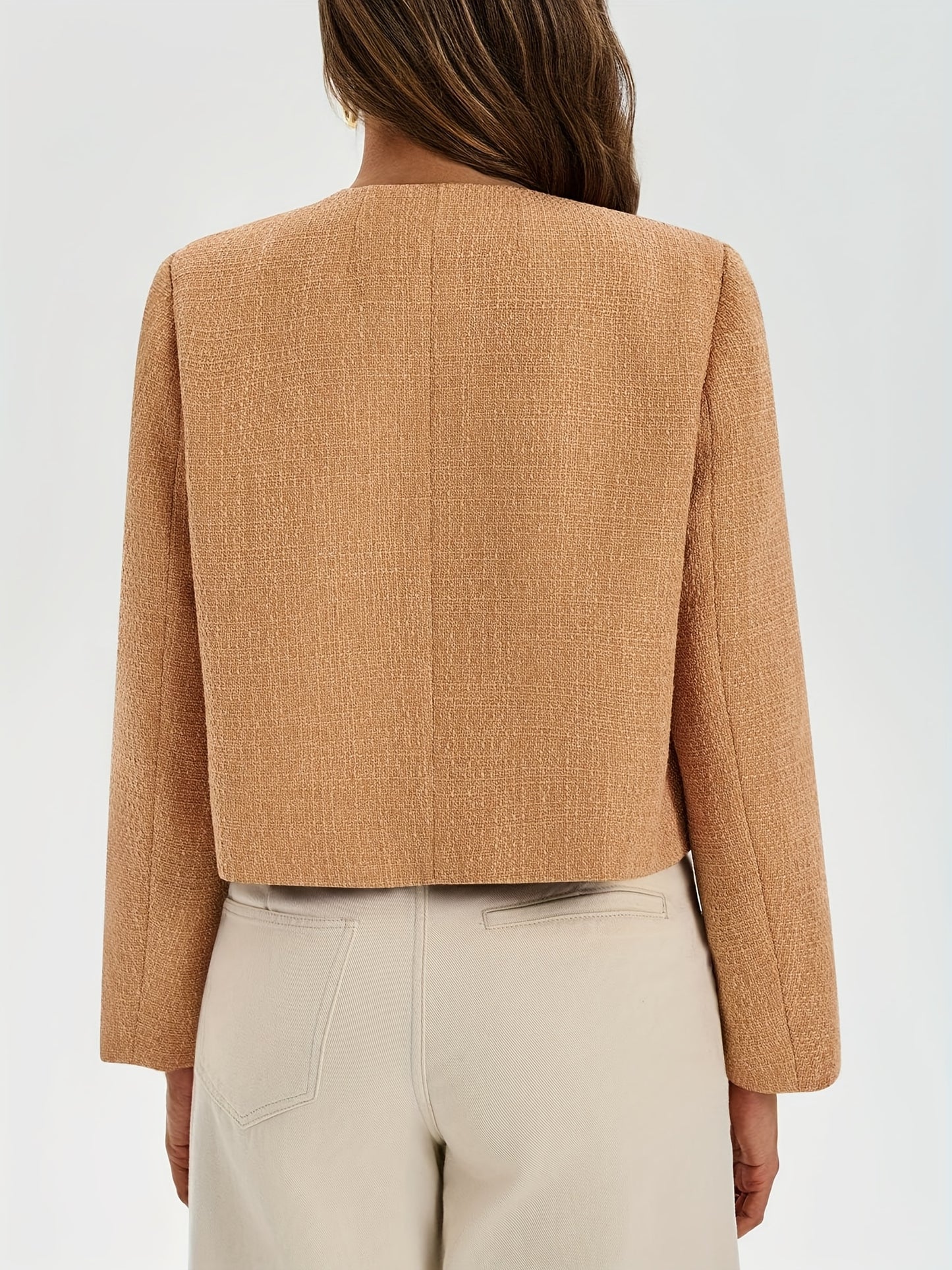 Women's Cropped Tweed Blazer - Collarless Button- Bomber Jacket, Machine Washable Business Casual Coat for Spring Summer Fall, Versatile Office to Weekend Wear