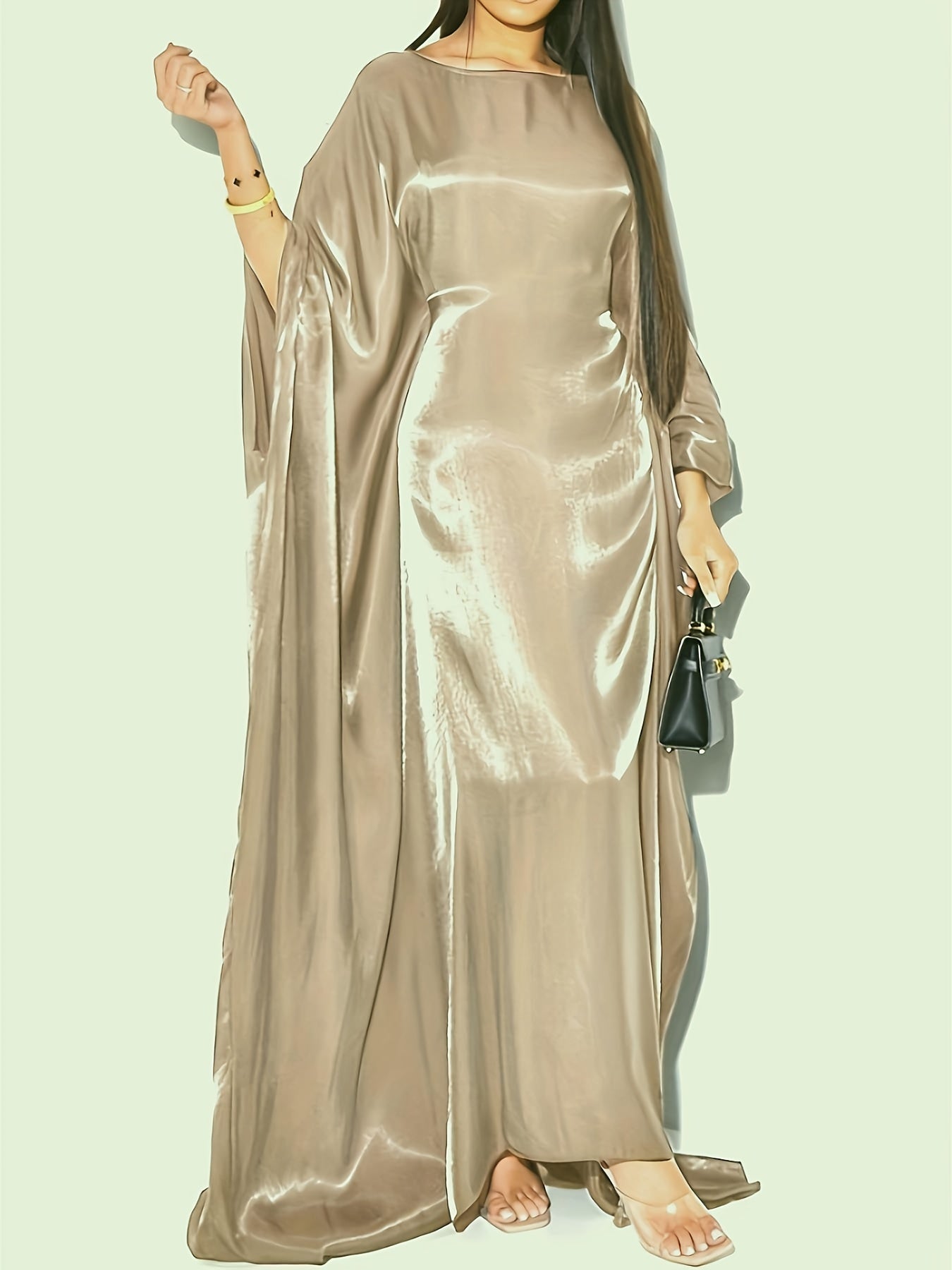 Elegant Sparkling Metallic Abaya for Women - One Size, Long Sleeve, Round Neck with Side Slit, All-Season Flowing Maxi Dress, Casual Wear|Shimmering Abaya| Flowing Design