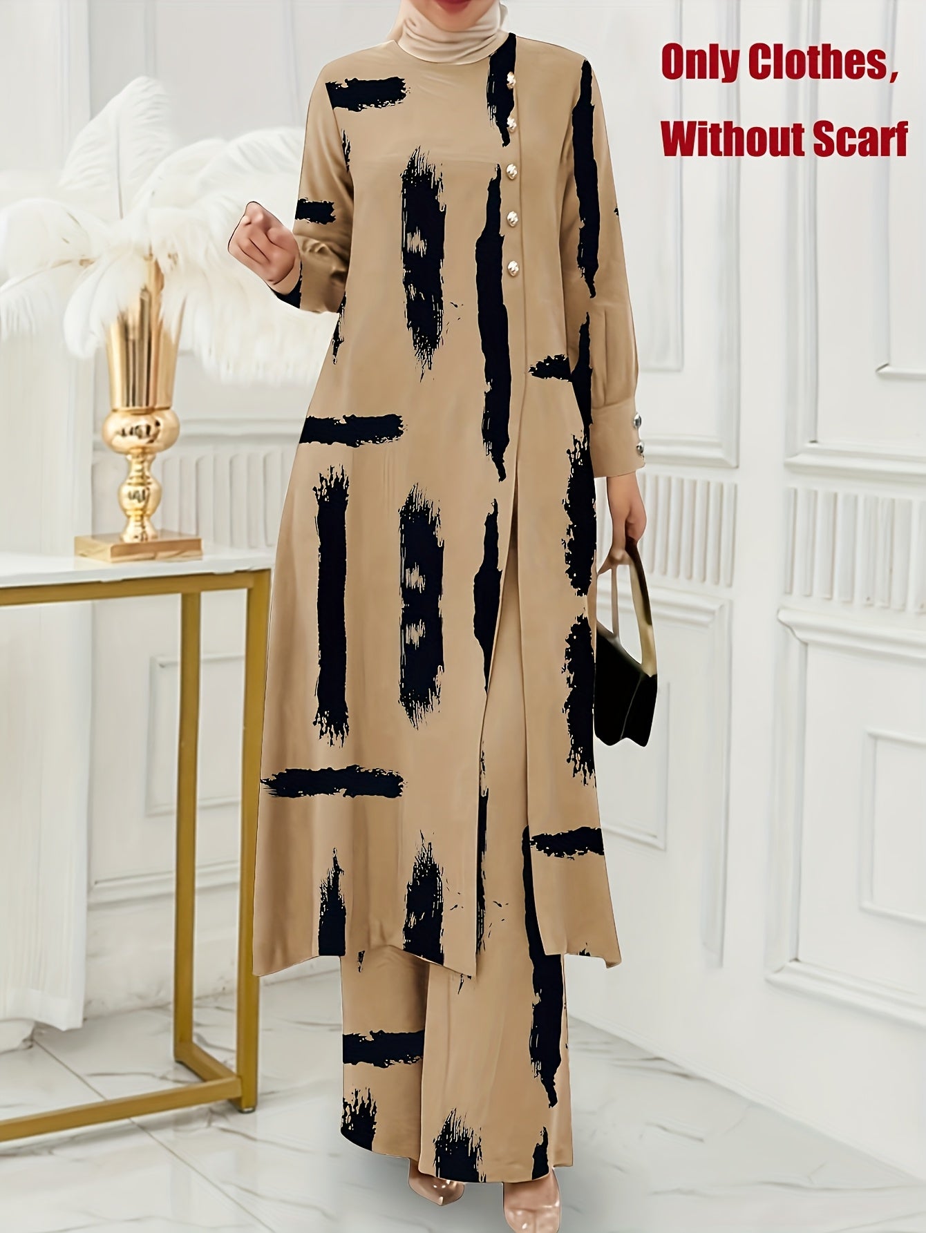 Ramadan, Women'S Front-Button Long Sleeve Slit Dress & Pants Casual Arabic Style 2pcs Set, Only Clothes, Without Headscarf