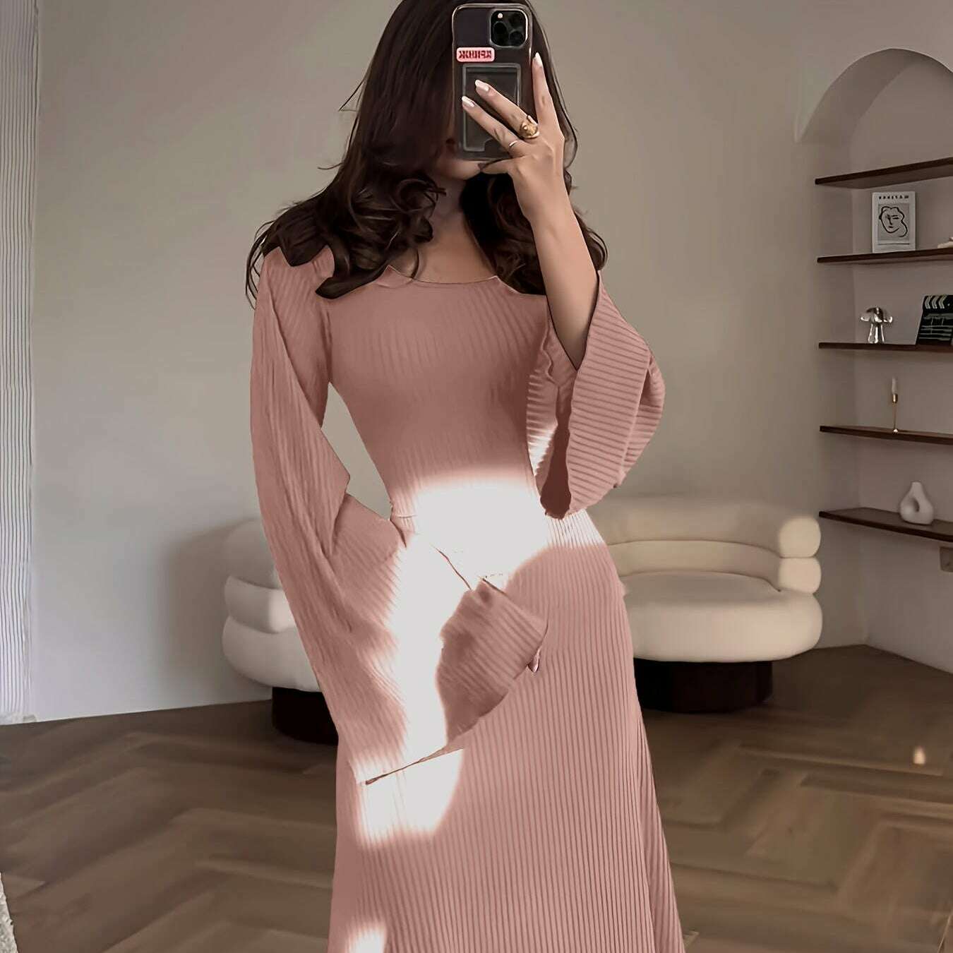 Solid Color Women'S Ribbed Knit Dress with Long Bell Sleeves, Round Neck, And Back Tie.