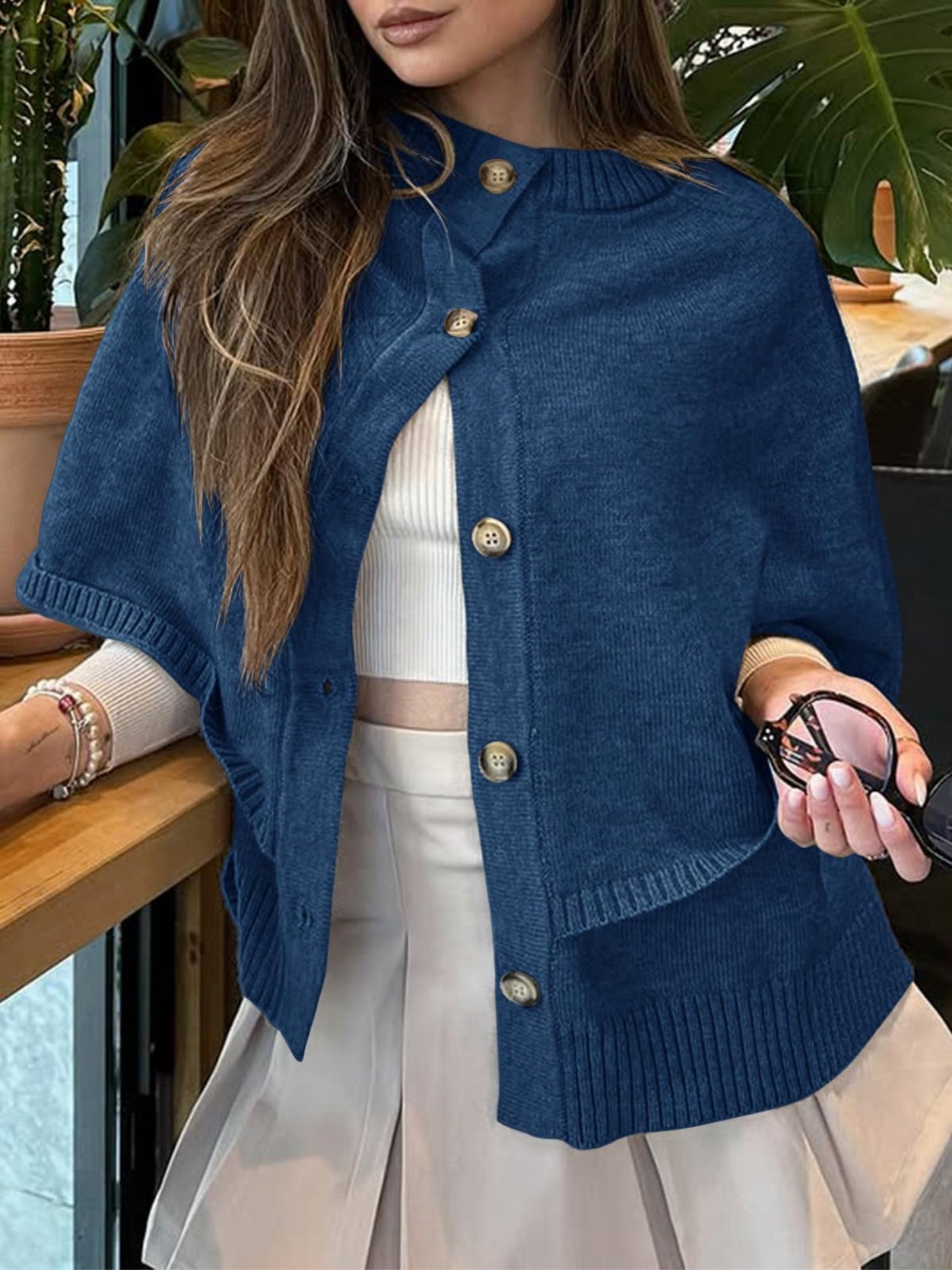 Women's Elegant Soft Pink Oversized Cape Cardigan - Fall Winter Sweater Coat with Button Front Closure, Long Sleeve Crew Neck & H-Line Silhouette, Medium Stretch for Casual to Formal Outfits