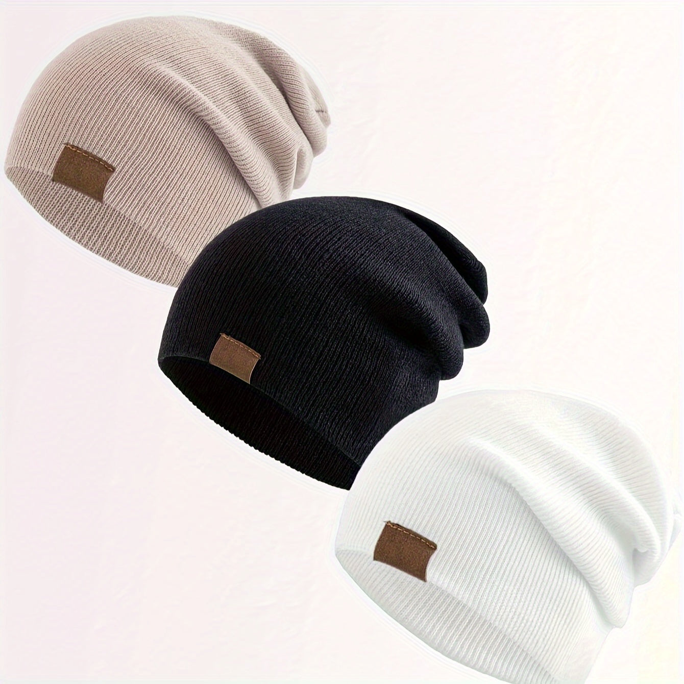 3pcs Beanie Hats – Warm, Lightweight, Elastic Knit