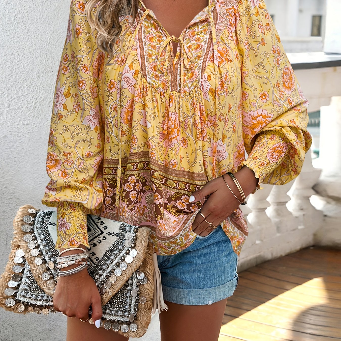 Floral Print V Neck Blouse, Casual Drawstring Long Sleeve Blouse For Spring & Fall, Women'S Clothing