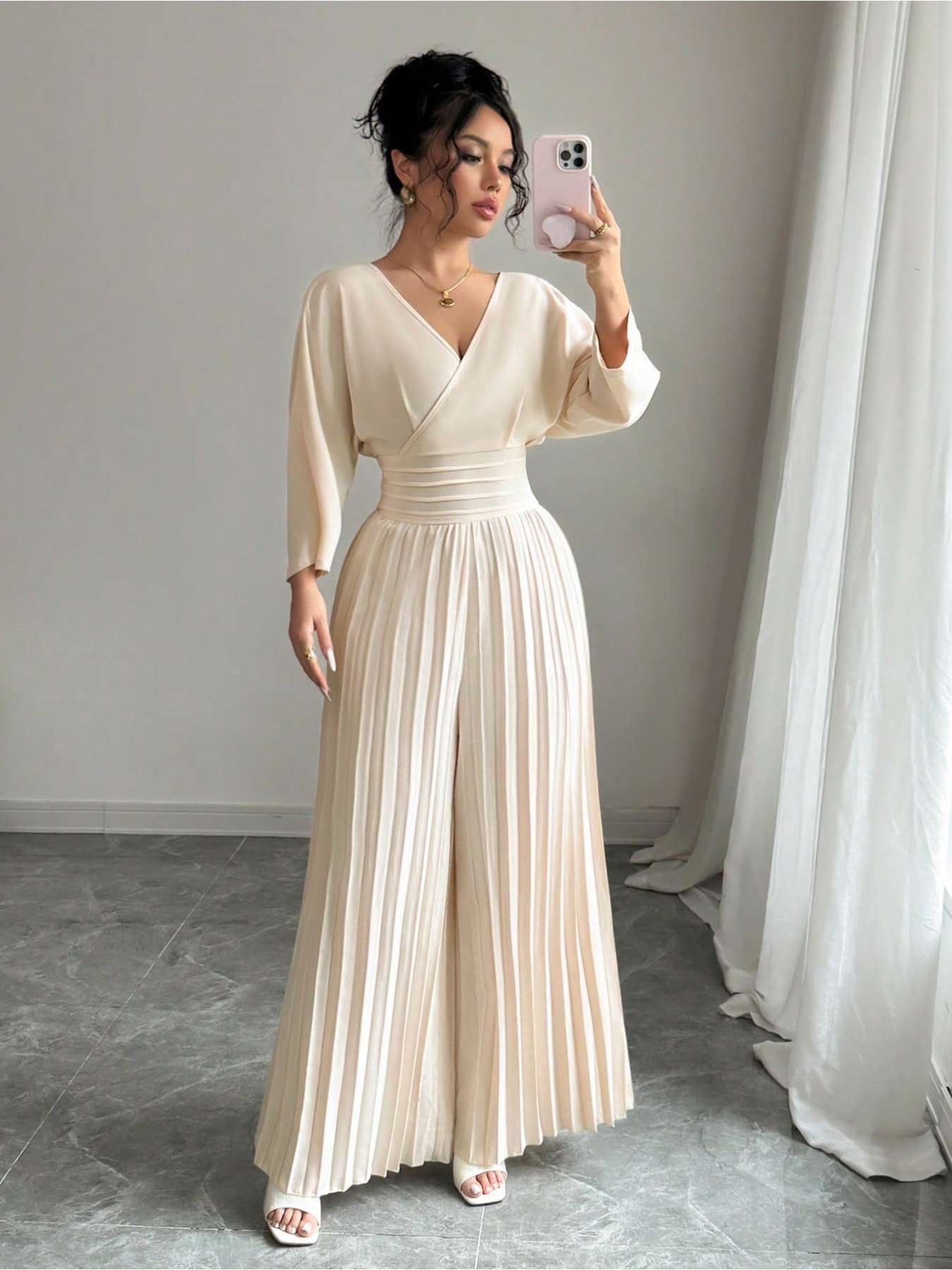 Women'S Elegant Beige Jumpsuit - V-Neck, Three-Quarter Sleeve, Wide-Leg Design with Tie Waist, Solid Color, Perfect for Vacation or Casual Outings, Vacation Attire | Vneck Jumpsuit | Glossy Texture