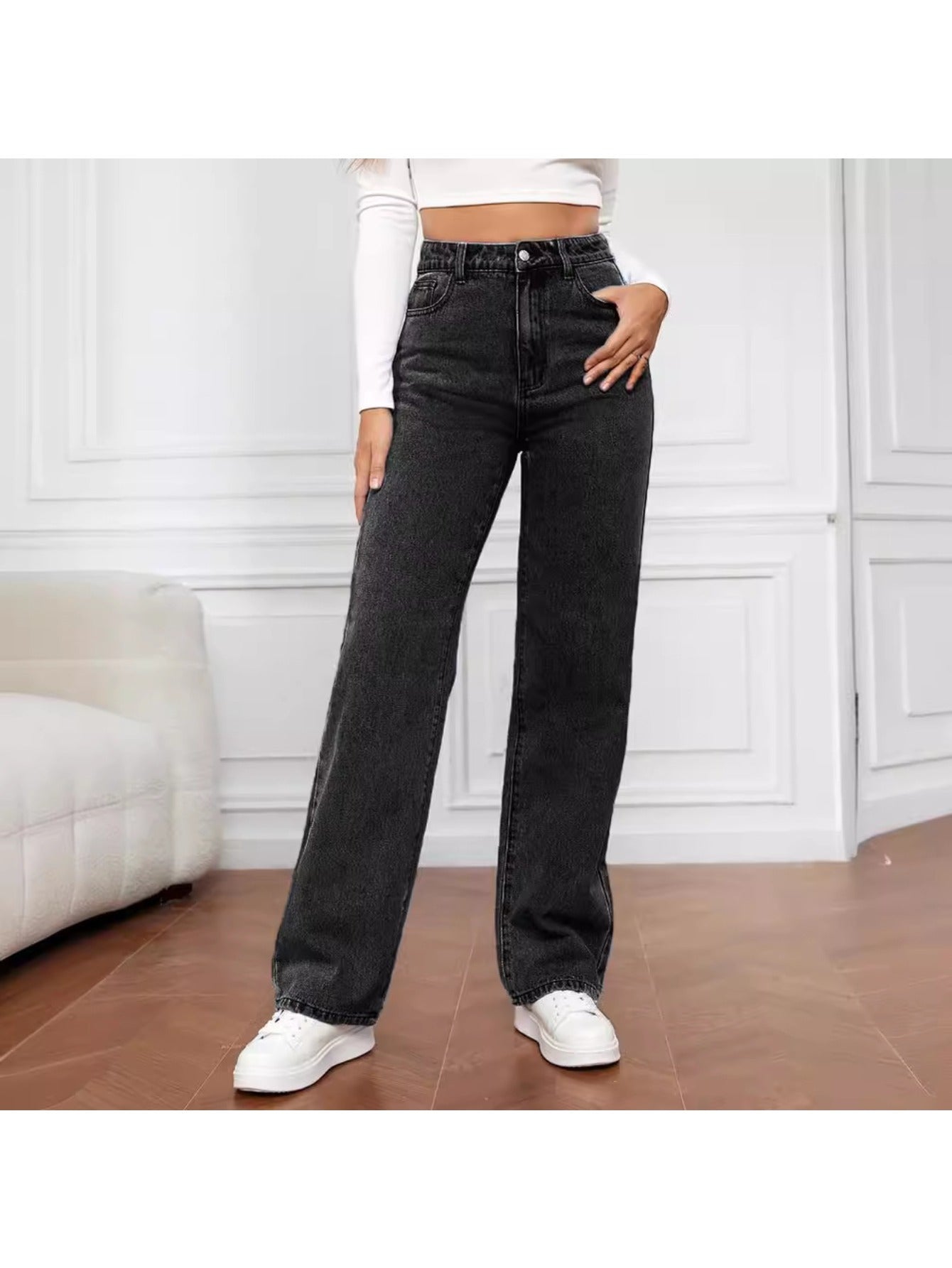 Women's High Waist Stretchy Jeans - Non-See-Through Washed Denim Pants with Straight Leg Fit, Stretchy Fabric for Everyday & Formal Outfits - Machine Washable All-Season Women's Pants, Street Style, Sleek Silhouette, Comforta