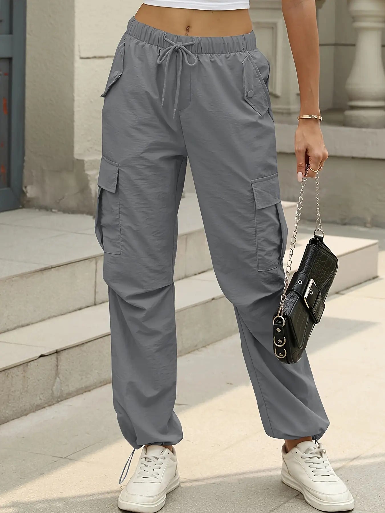 Women's Casual Cargo Pants with Adjustable Waist & Multi-Pocket Design - Low-Transparency Non-Stretch Heavyweight Fabric, All-Season Solid Color Work Pants for Outdoor, Travel, Casual Attire - Belt Loops & Button Closure (No