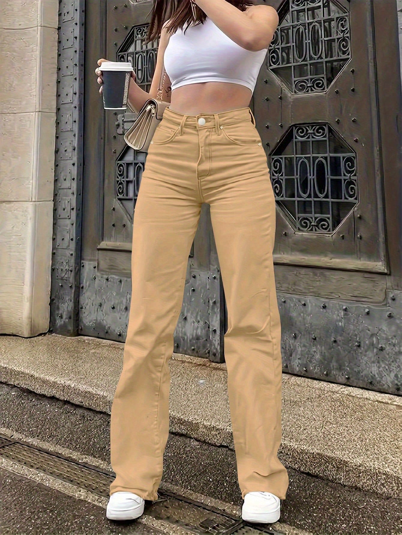 Women'S High-Waisted Straight-Leg Jeans - Stretch Denim with Pockets, Beige, Casual & Workplace Style, Mid-Rise, Flared Design, Perfect for Spring Commuting, High Waisted Jeans