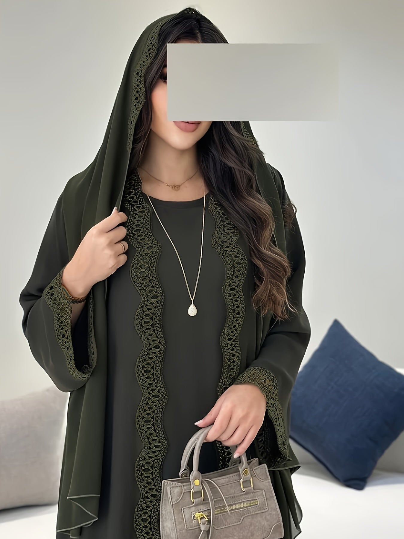 3pcs Middle Eastern Abaya Robe Set - Modest Long Sleeve Lace-Trimmed Abaya with Headscarf, Solid Color, Non-Stretch Fabric, Regular Sleeve, All-Season Wear, Loose Fit, H-Line Silhouette, Islamic Fashion, Modest Apparel | Lace