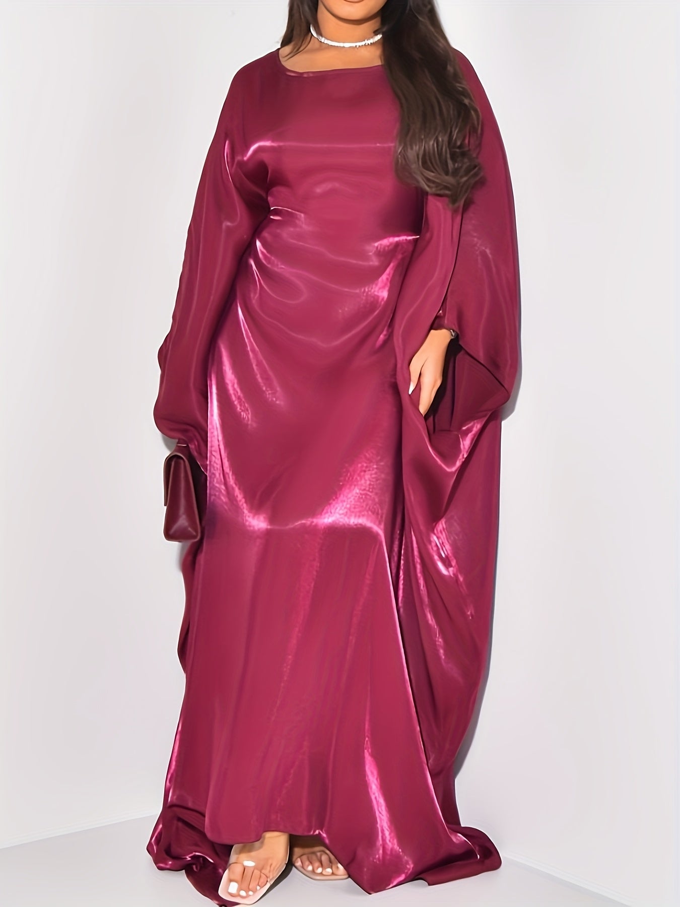 Elegant Sparkling Metallic Abaya for Women - One Size, Long Sleeve, Round Neck with Side Slit, All-Season Flowing Maxi Dress, Casual Wear|Shimmering Abaya| Flowing Design