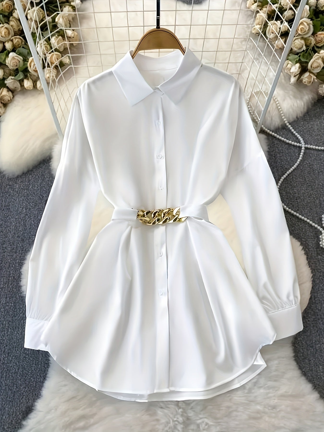 Loose Long-sleeved Casual Retro Style Women'S Top For Going Out; Fashionable Shirt With A Belt