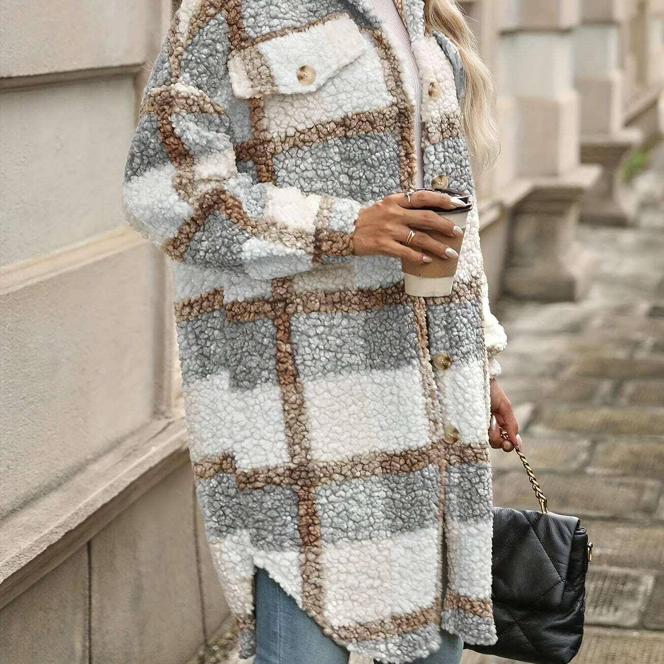 Elegant Plaid Faux Fur Coat for Women with Lapel Collar