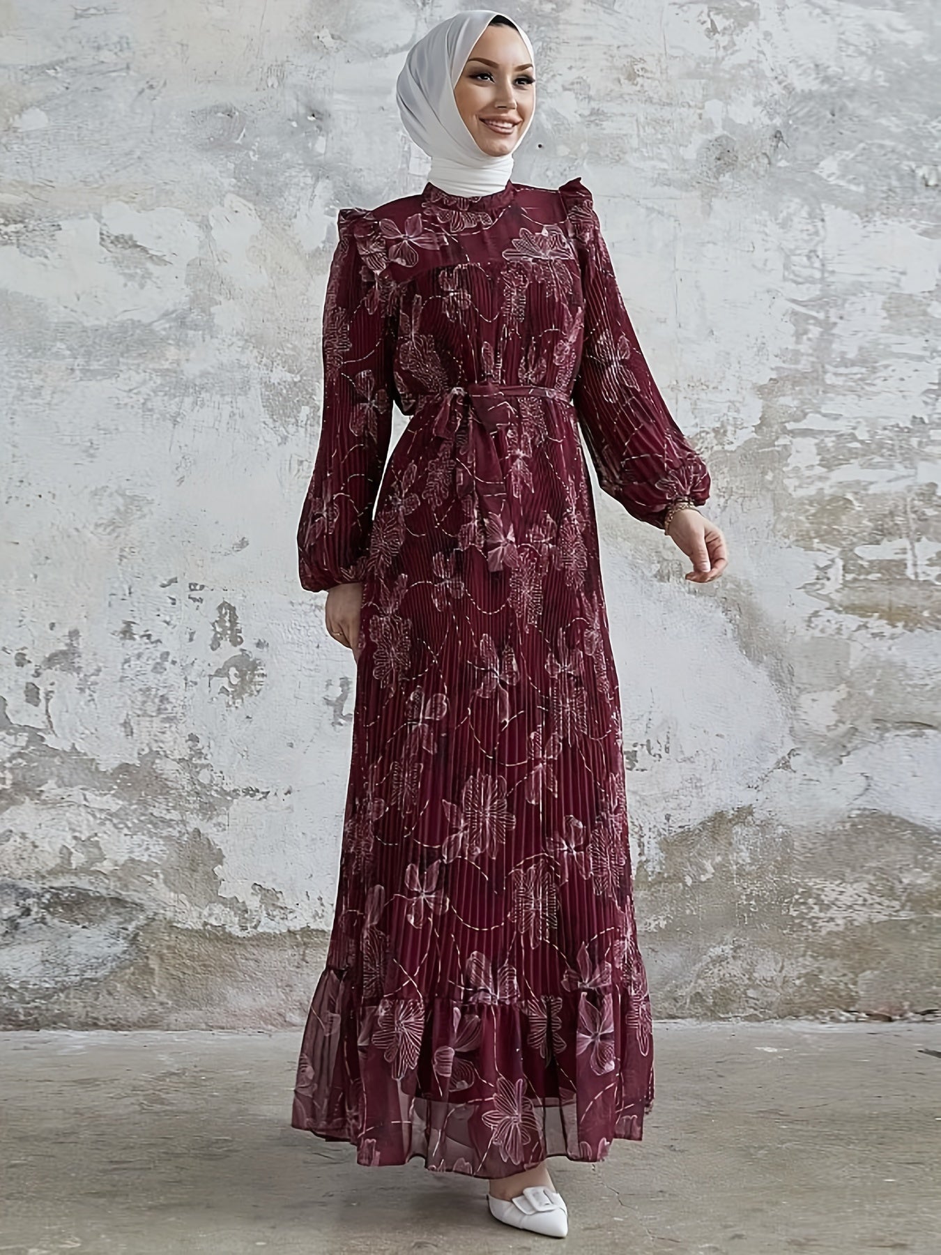 Stunning Floral Print Crew Neck Long Sleeve Abaya Dress - Elegant Ruffle Hem Maxi Length, Belted, Polyester, Machine Washable, Woven, Middle Eastern Style Womens Clothing for All Seasons