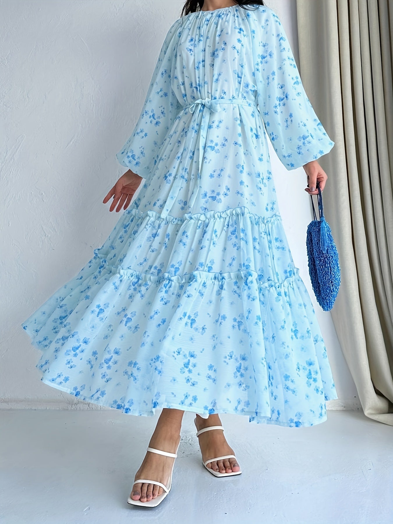 Stunning Floral Print Crew Neck A-Line Dress - Elegant Long Sleeve, Tiered Hem, Comfortable Fit, Versatile Occasion Wear - Womens Clothing for Everyday Elegance