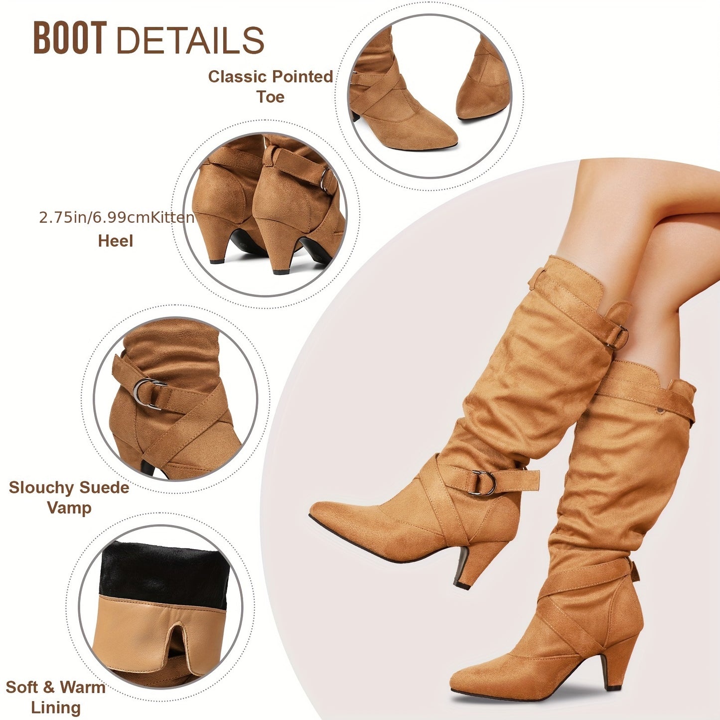 Women's Brown Retro Mid-Calf Boots - Thick High Heels, Pointed Toe, Buckle Straps, Stylish Pull-On for Party or Office, Suedelike
