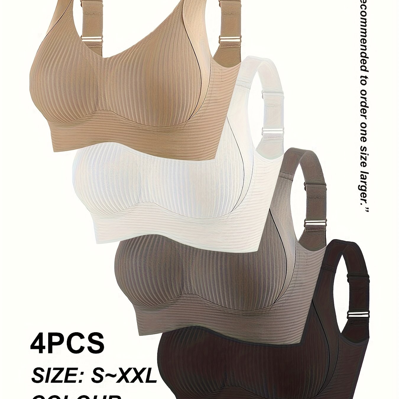 4pcs Women'S Seamless Bra - Elegant Solid Color, Wide Straps And Built-In Bra, Comfortable And Breathable Wireless Support, Non-Padded Ribbed Texture - Available in White, Beige, Black, Brown, Medium Support Bra|Seamless Unde