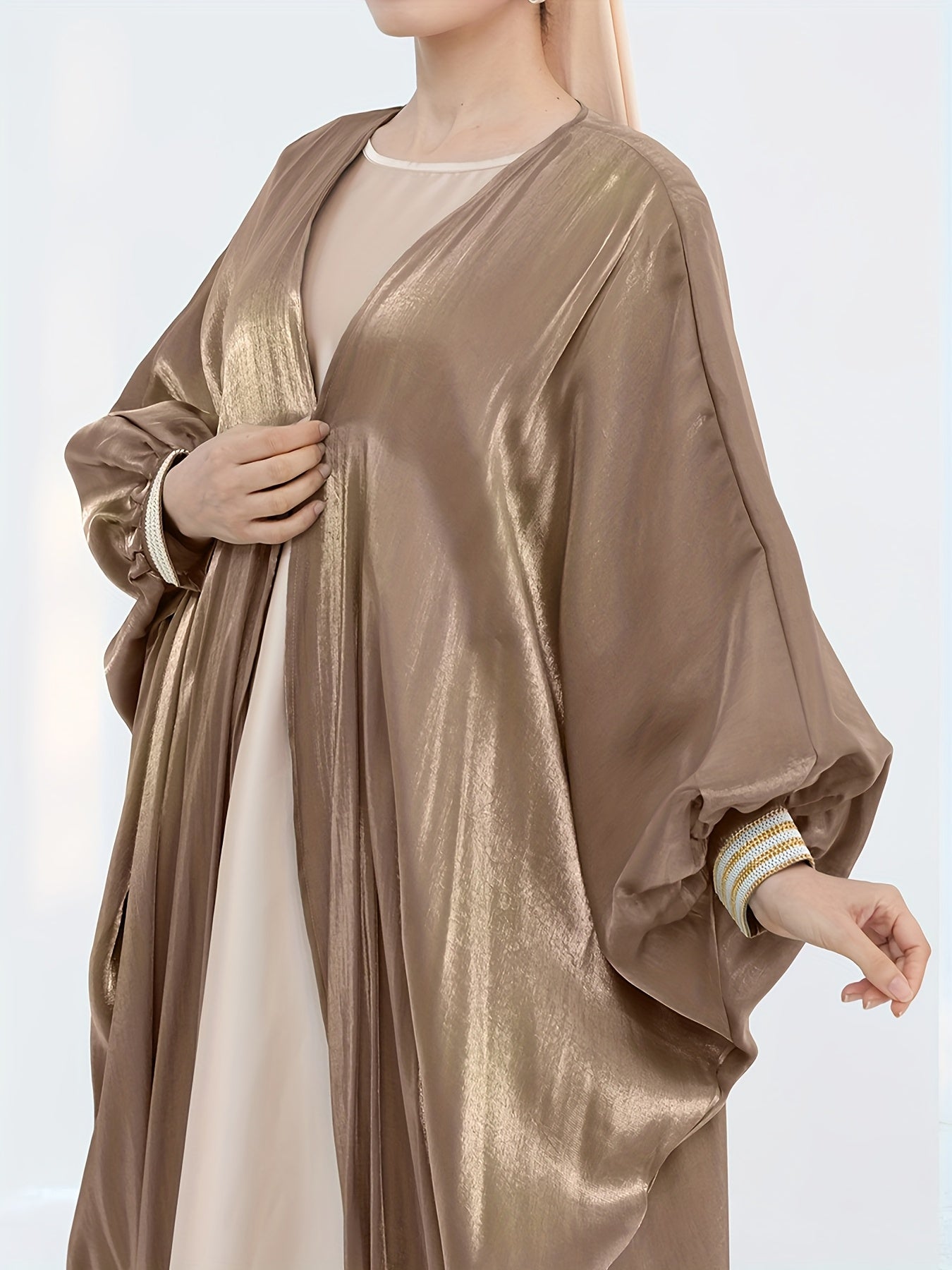 Women'S Reflective Golden & Gray Batwing Sleeve Long Tunic - Long Sleeve, Flowing Design, Perfect for Spring/Summer, Stylish Layering Piece, Summer Fashion | Flowing Tunic | Glossy Finish