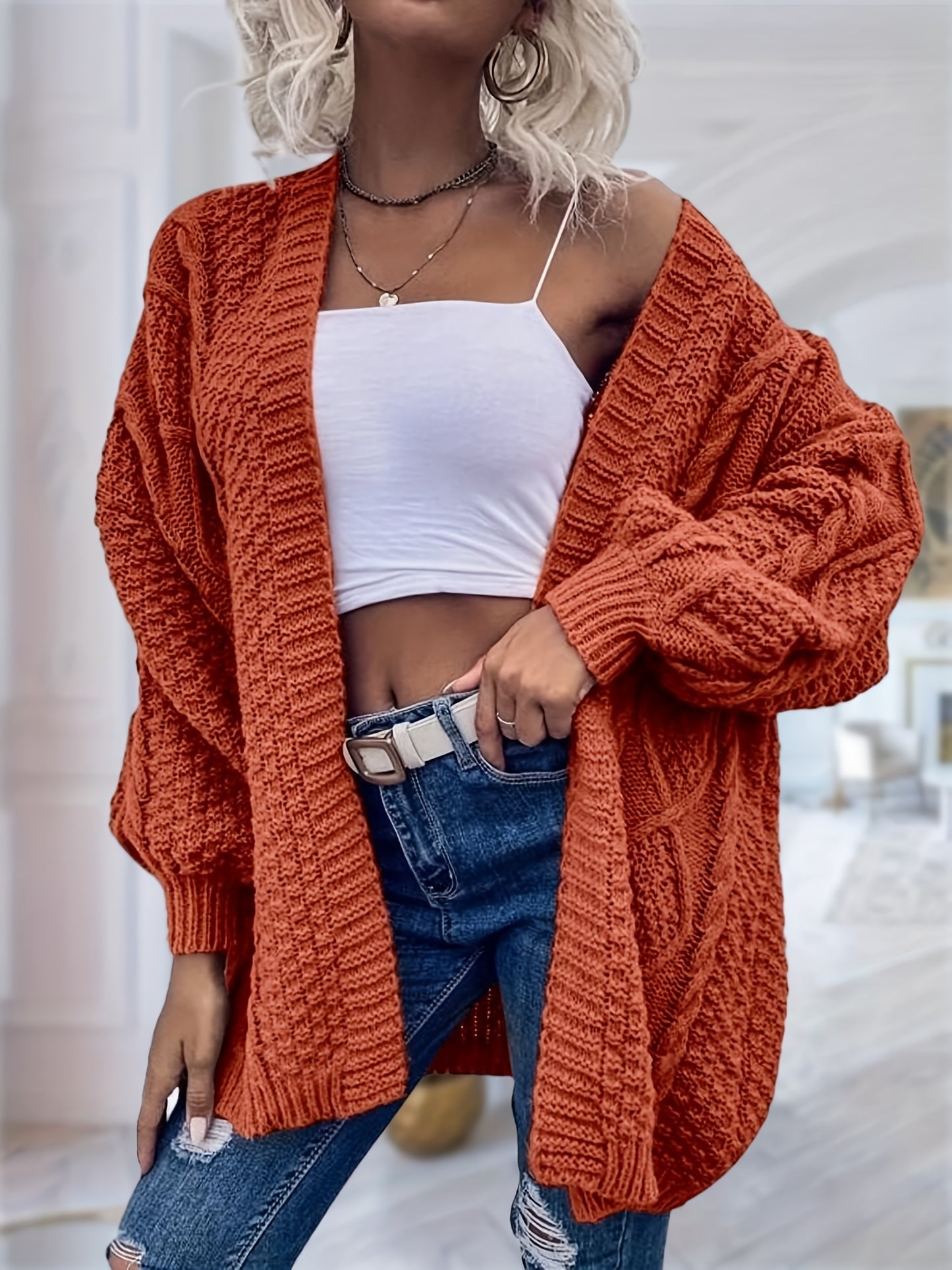 Women's Oversized Chunky Cable Cardigan Sweater Coat - Soft Pink Open Front Long Sleeve Winter Coat with Button-Free Closure, Cozy Fall & Winter Sweater for Casual Semi-Formal Outfits