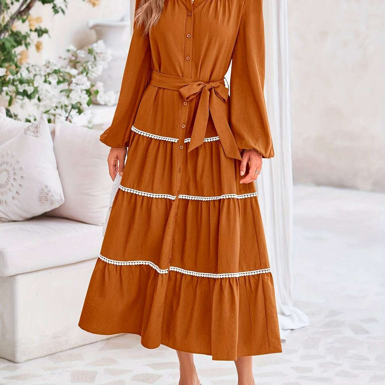 Women'S Spring Casual Dress Loose Drawstring Lantern Sleeve Long Sleeve Tier Dress With Pockets