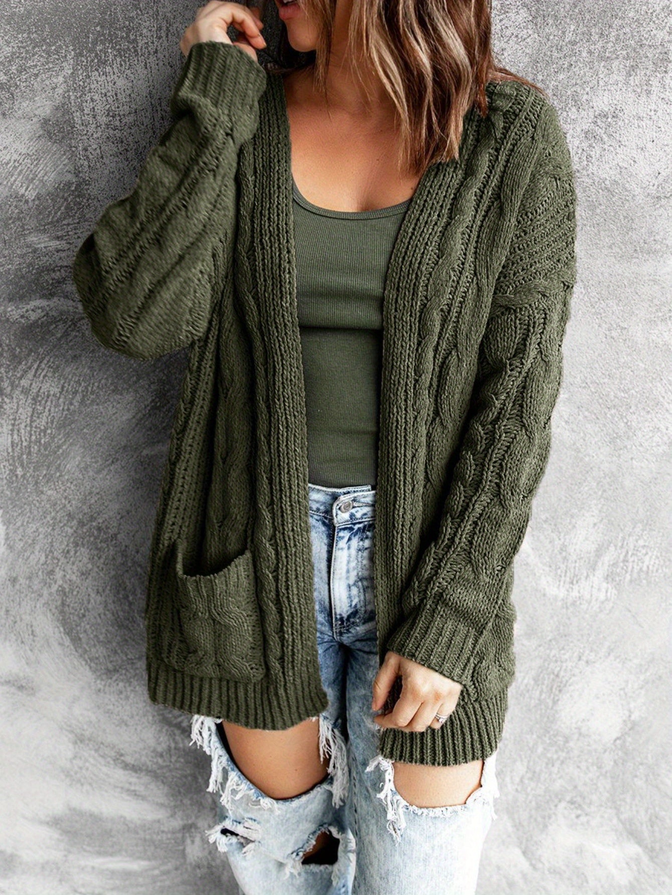 Women'S Elegant Cable Cardigan - Open Front Sweater with Side Pockets, Soft Sweater for Fall/Winter, Office, Party, Everyday Outfits - Women'S Sweater, Ladies Sweaters, Fall Wardrobe, Classic Knitwear, Cozy Material, Versatil