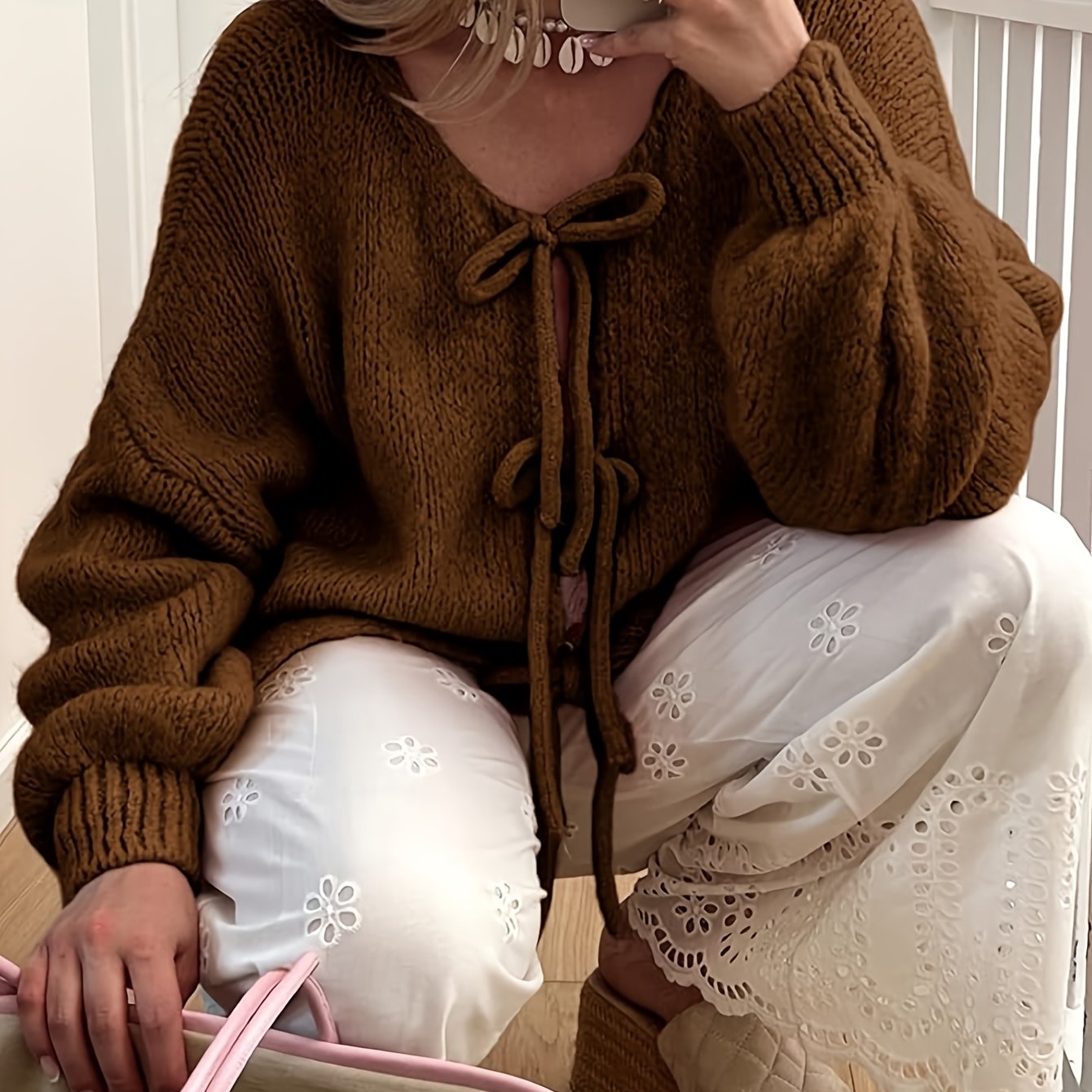 Women'S Oversized Bowtie Knit Sweater Cardigan With Y2K Vibe Long Sleeves V Neck Open Front Casual Wear