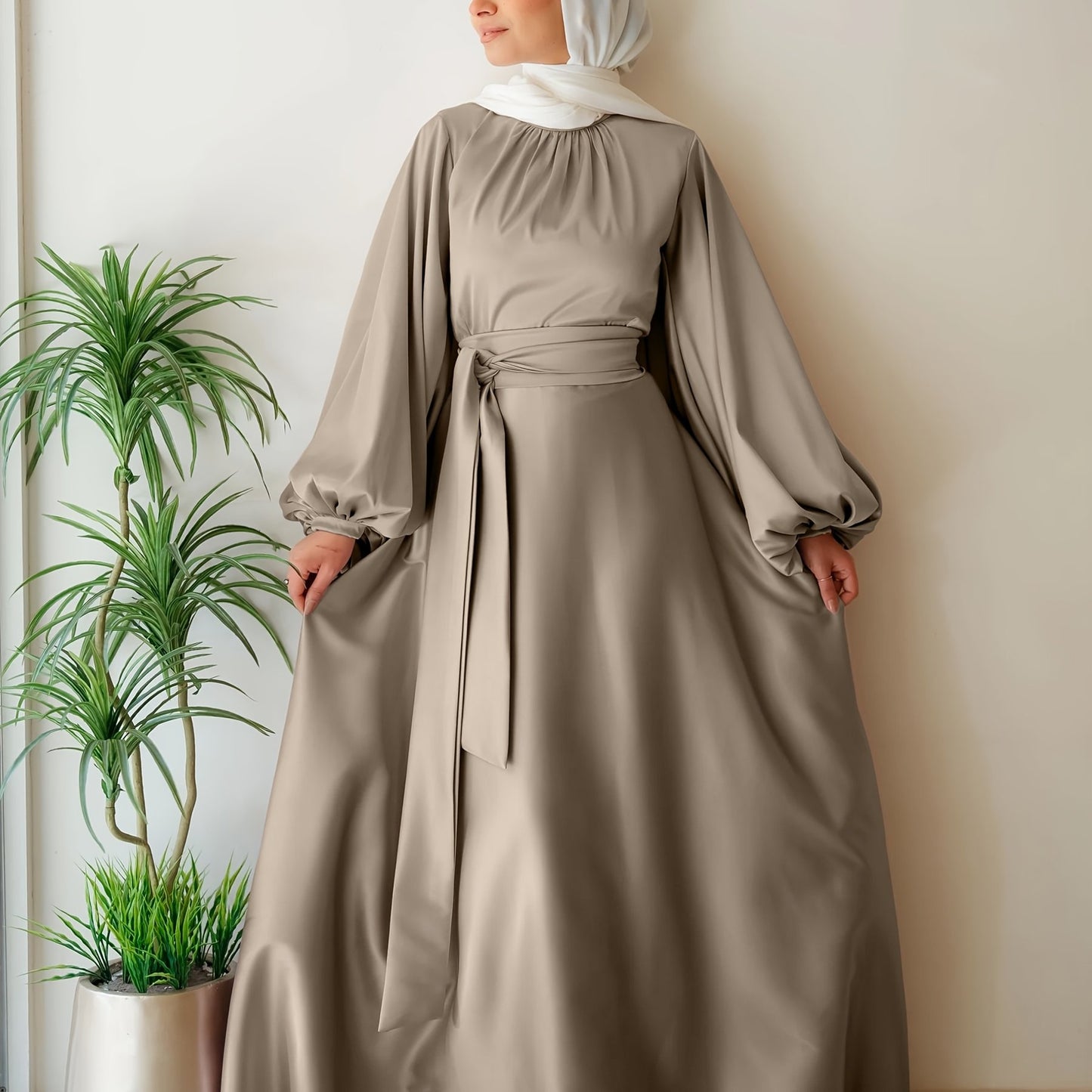 Elegant Satin Abaya with Lantern Sleeves and Belt - Long, Flowing Maxi Dress for Women, Perfect for Festivals and Special Occasions, Festival Attire|Sleek Fitted Design|Polyester Fabric