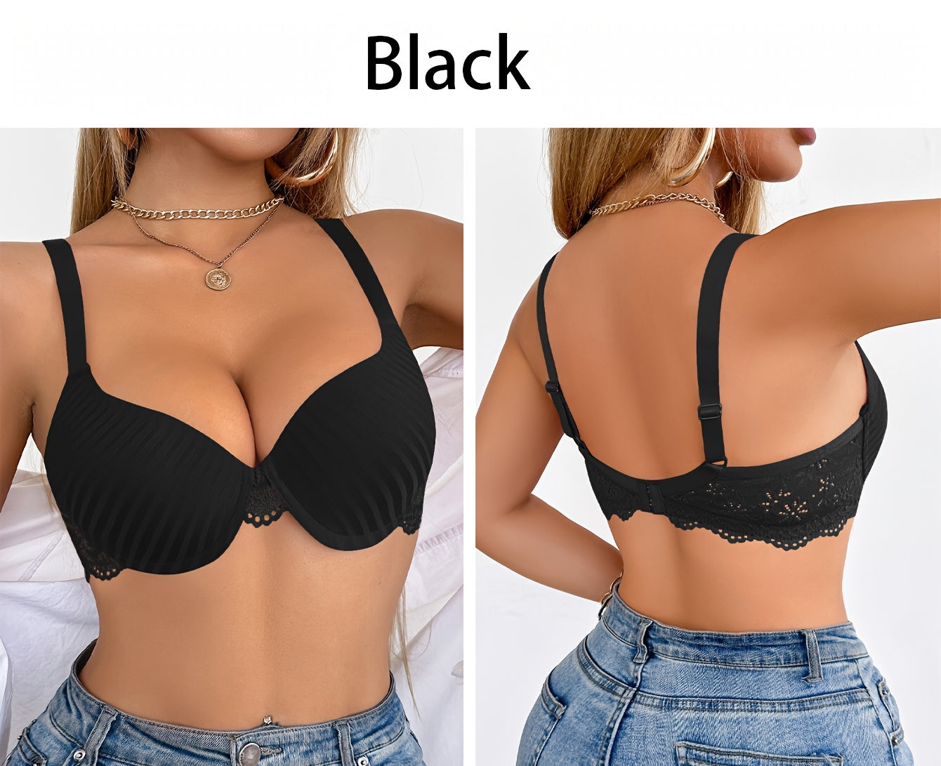 6pcs Women's Elegant Striped Push-Up Bra Set in Black, Beige, Red, White, Light Blue, Navy Blue - Soft, Breathable, Full Coverage Underwire Support with Lace Detailing | Comfortable Everyday Bras | Elegant Striped Bra Set | C
