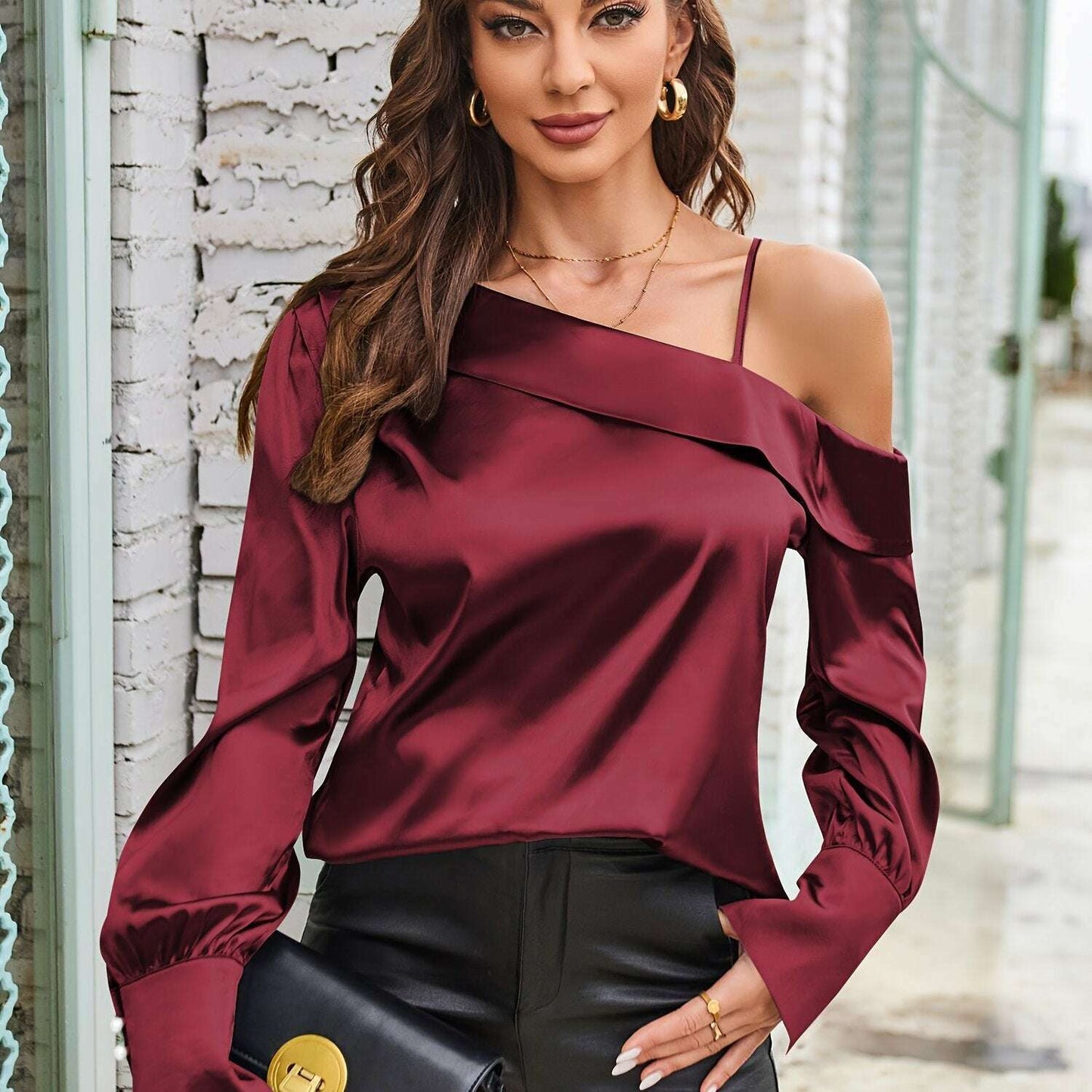 2024 Off-Shoulder Satin Silk Long-Sleeve Blouse for Women