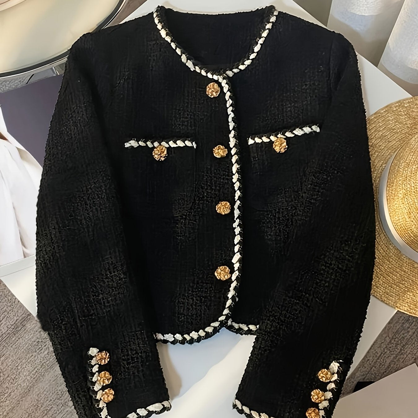 Women'S Tweed Jacket - Elegant Black Blazer-like Coat with Golden Buttons, Structured Office & Everyday Outerwear for Fall/Spring, Chic Work Party Jacket by SCACTO, Ladies Jacket, Casual Wear, Sophisticated Design, Textured F