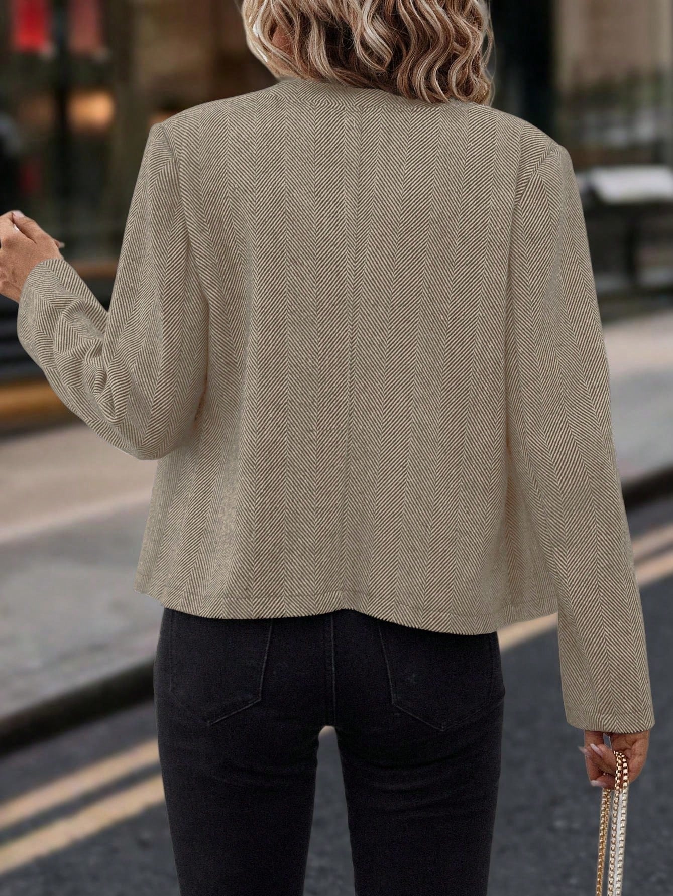 Women's Herringbone Striped Fitted Jacket - Double-Breasted Metal Buttons, Round Neck Long Sleeve, Machine Washable 100% Polyester for Spring/Fall Commuting & Casual Outfits, Casual Attire, Textured Coat, Durable Fabric