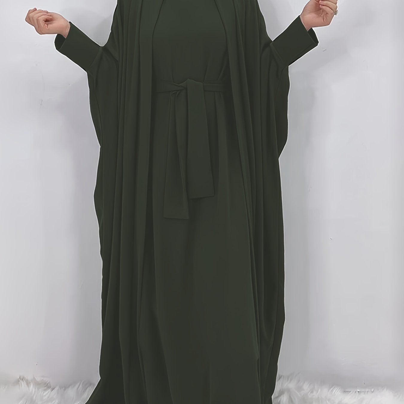 Women's Middle Eastern Muslim Solid Color Dress + Robe Jacket Two Piece Set