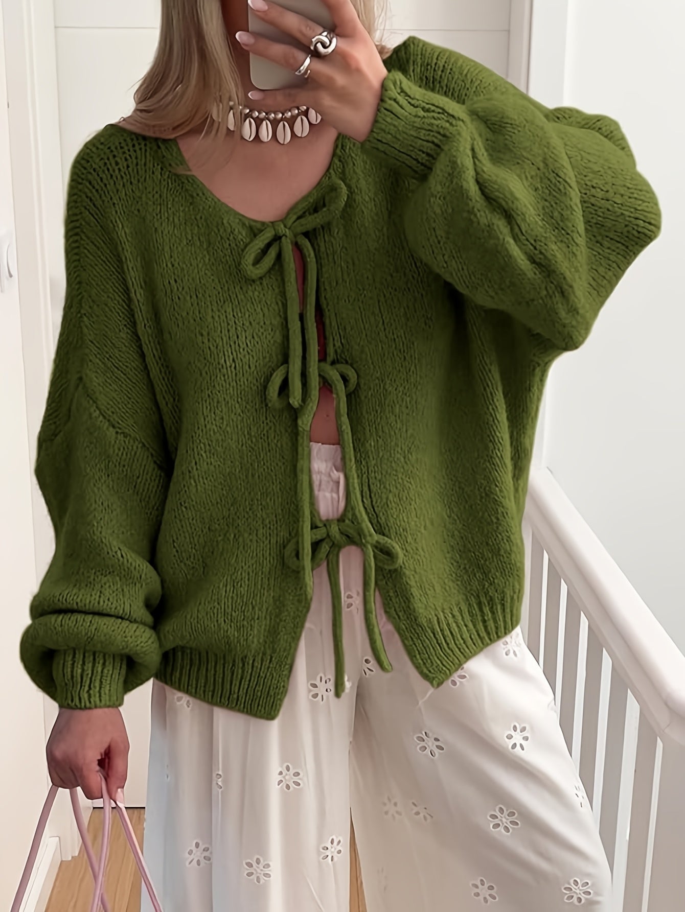 Women'S Oversized Bowtie Knit Sweater Cardigan With Y2K Vibe Long Sleeves V Neck Open Front Casual Wear