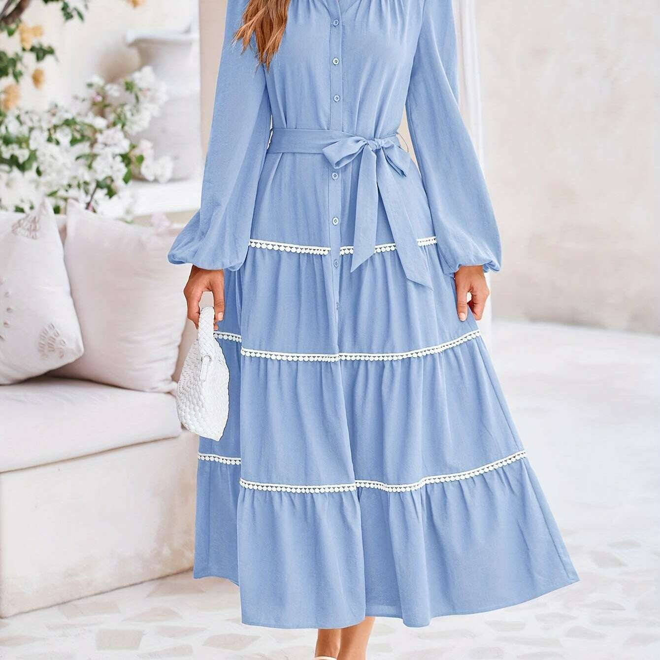 Women'S Spring Casual Dress Loose Drawstring Lantern Sleeve Long Sleeve Tier Dress With Pockets