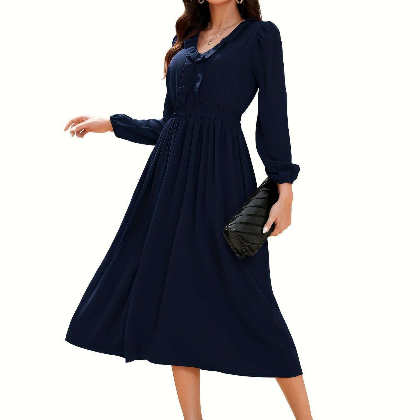 Long Sleeve Elegant Party Dress with Pleats & Ruffles - D&M Boutique