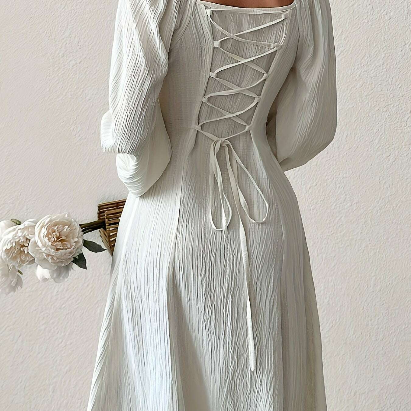Textured Cross Tie Lantern Sleeve Dress – Elegant & Romantic