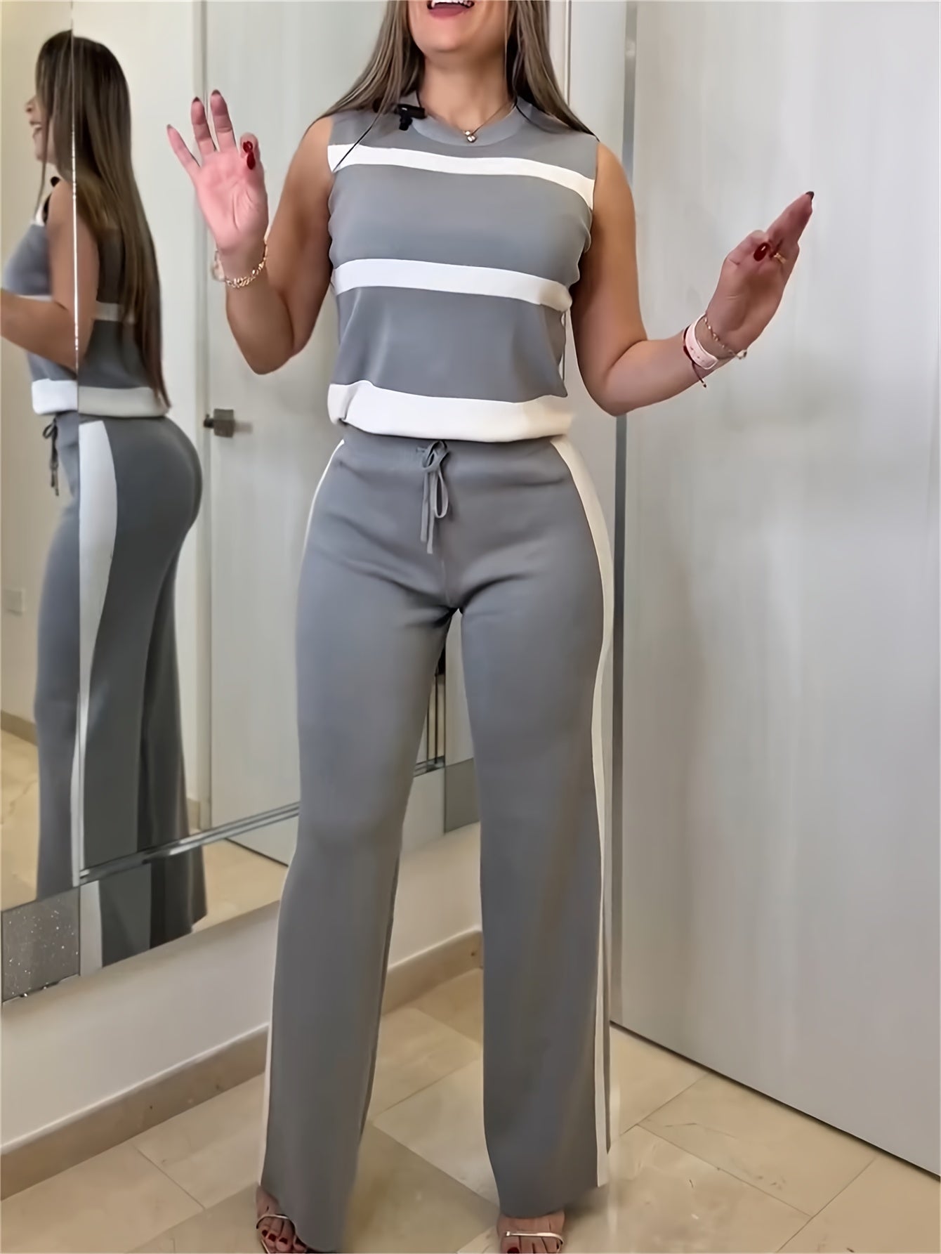 Striped Sleeveless Top & Drawstring Pants Set for Women