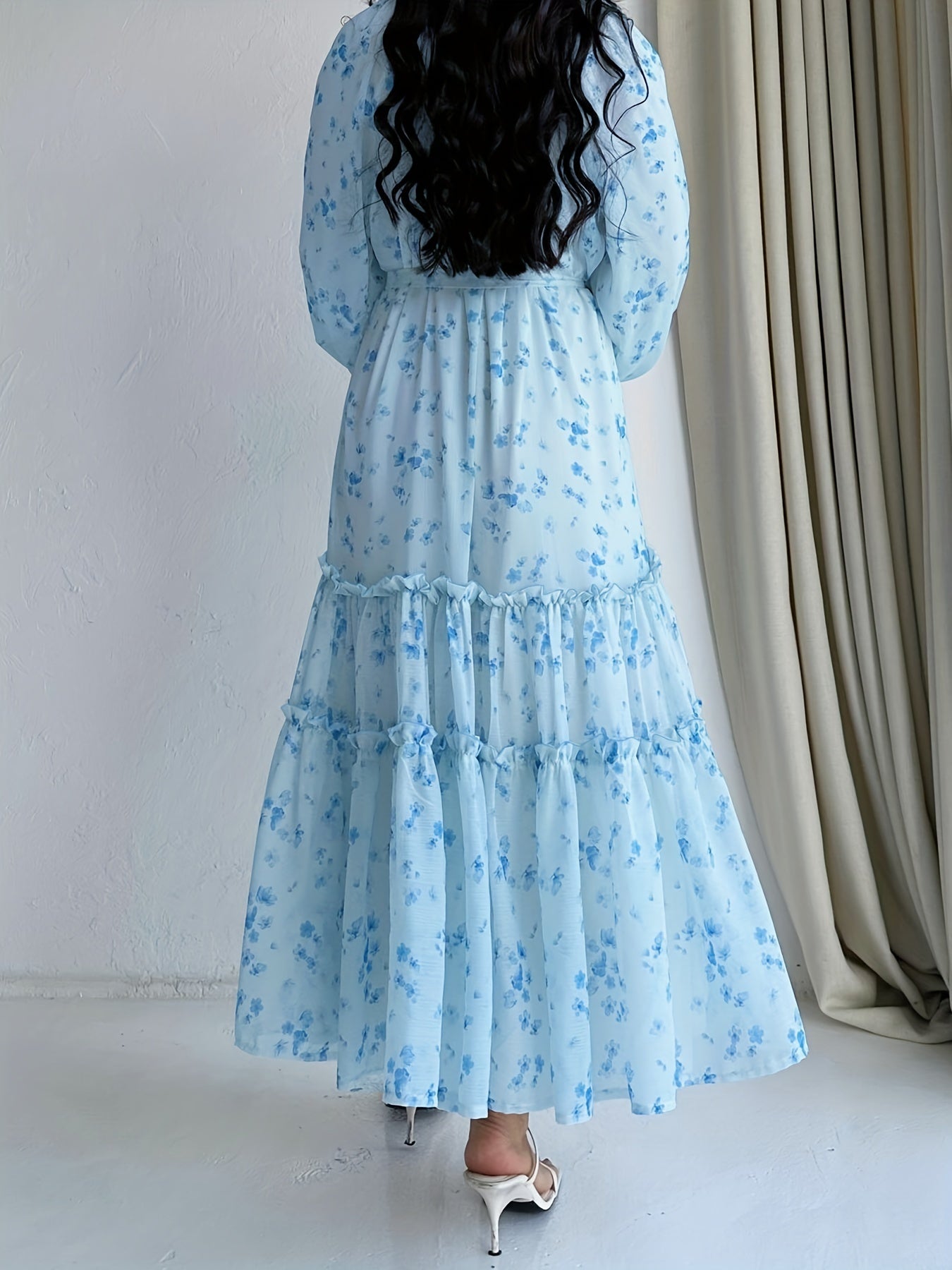 Stunning Floral Print Crew Neck A-Line Dress - Elegant Long Sleeve, Tiered Hem, Comfortable Fit, Versatile Occasion Wear - Womens Clothing for Everyday Elegance