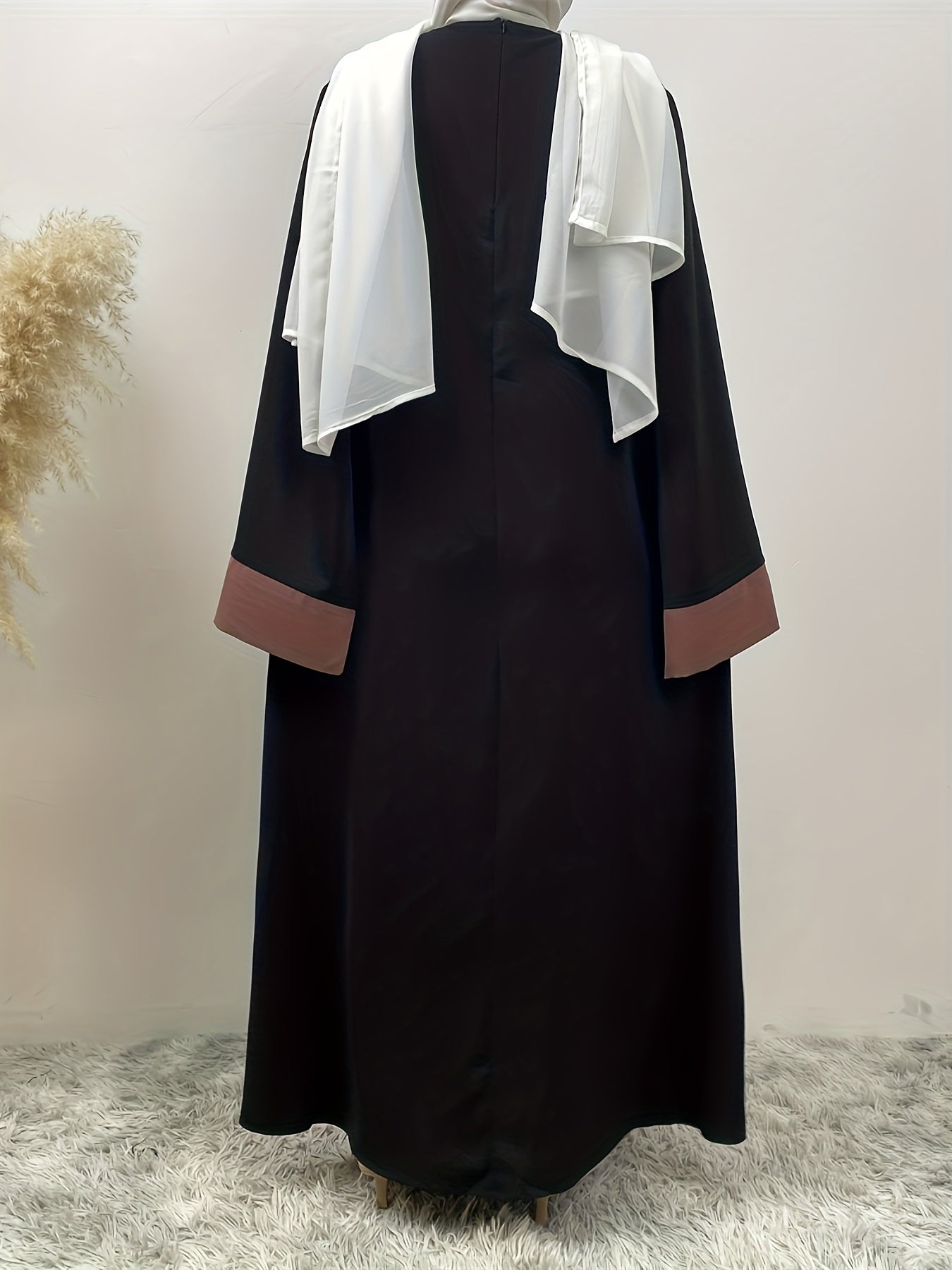 Elegant Abaya Faux Two Pieces Design, Solid Color, Long Sleeve, Kimono, Polyester, Woven, 160G/M², with Pocket, for Muslim, Spring/Fall