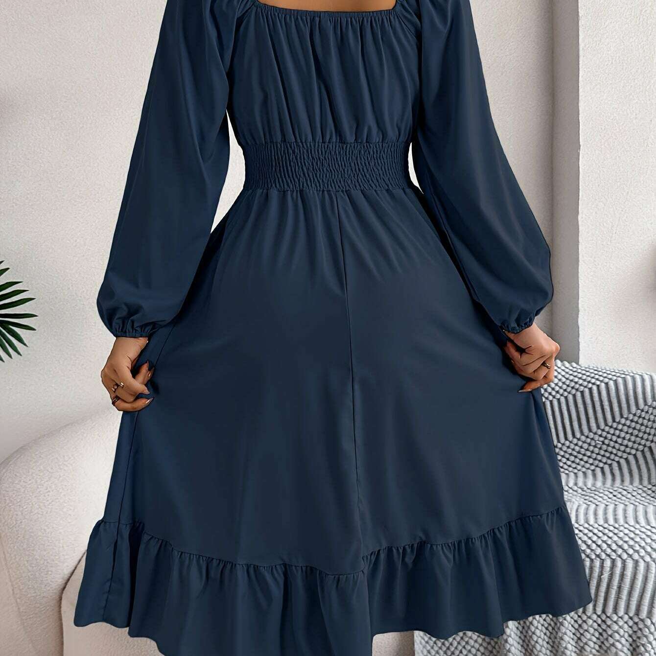 Ruffle Hem Lantern Sleeve A-line Dress, Elegant Solid Color Square Neck Backless Shirred Dress, Women's Clothing