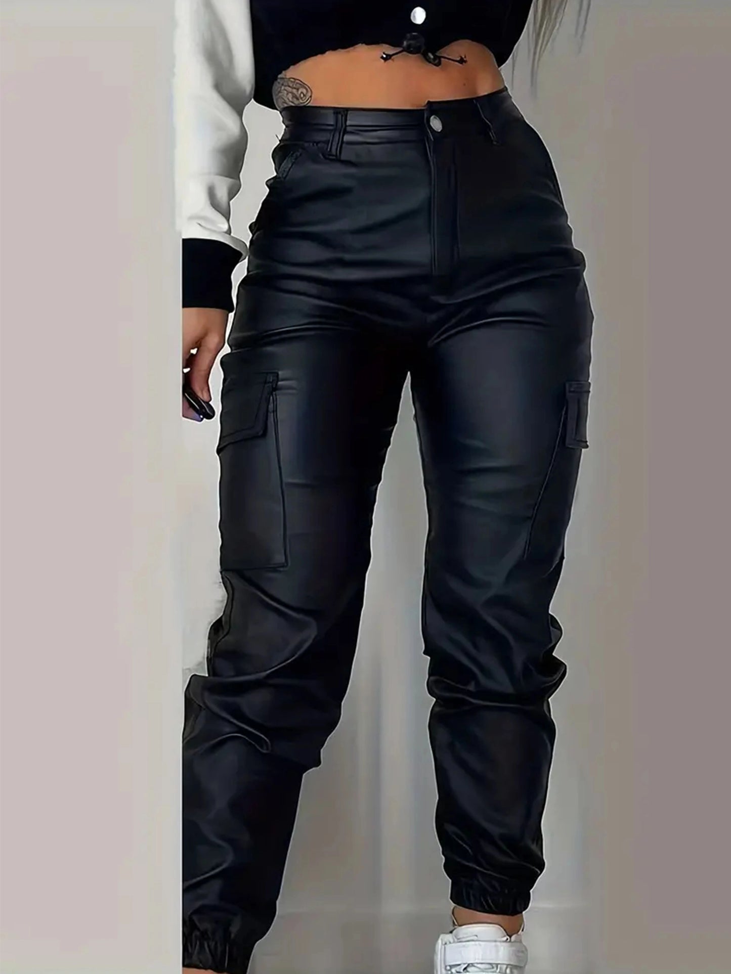 Women's Stretchy Black Cargo Denim Jeans - High-Rise, Multi-Pocket Design, Street Style, Glossy Finish, Comfort Fit for All Seasons, Versatile Denim | Highrise Cargo Jeans | Polyamide Fabric