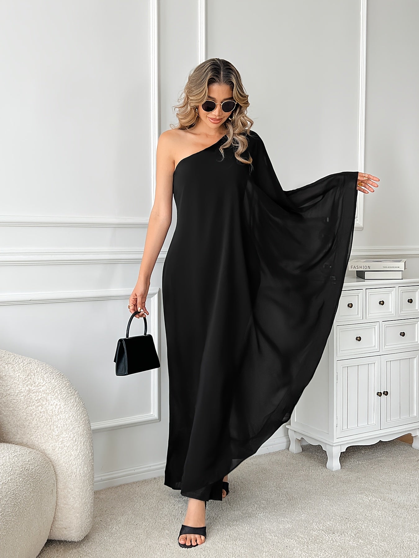 PORRCEY Sexy Single Shoulder Ruffled Sleeveless Solid Color Patchwork Elastic Jumpsuit