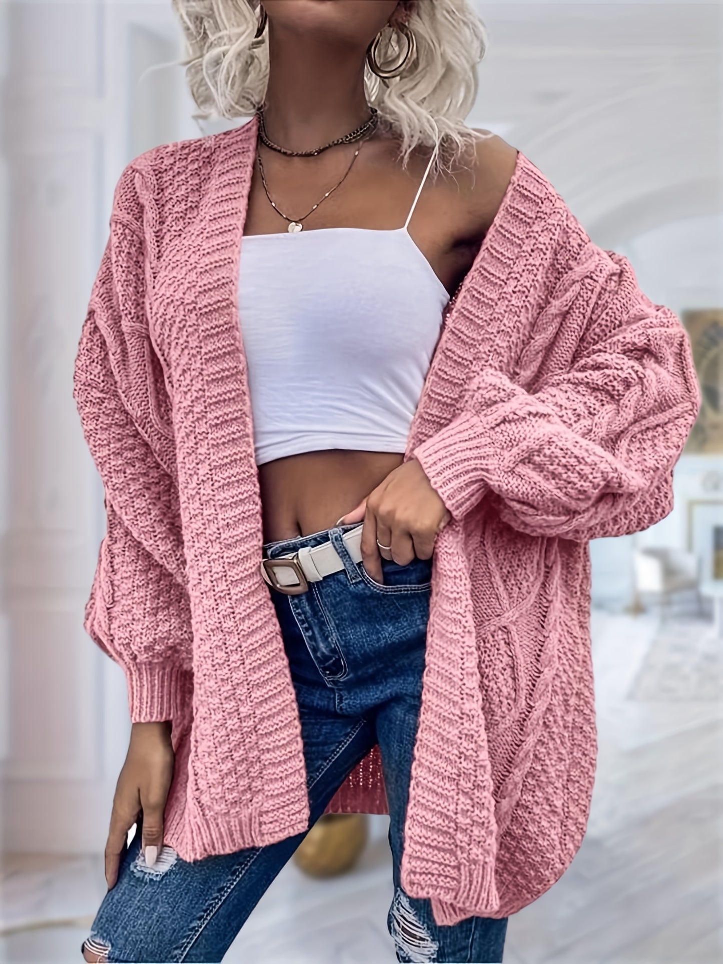 Women's Oversized Chunky Cable Cardigan Sweater Coat - Soft Pink Open Front Long Sleeve Winter Coat with Button-Free Closure, Cozy Fall & Winter Sweater for Casual Semi-Formal Outfits