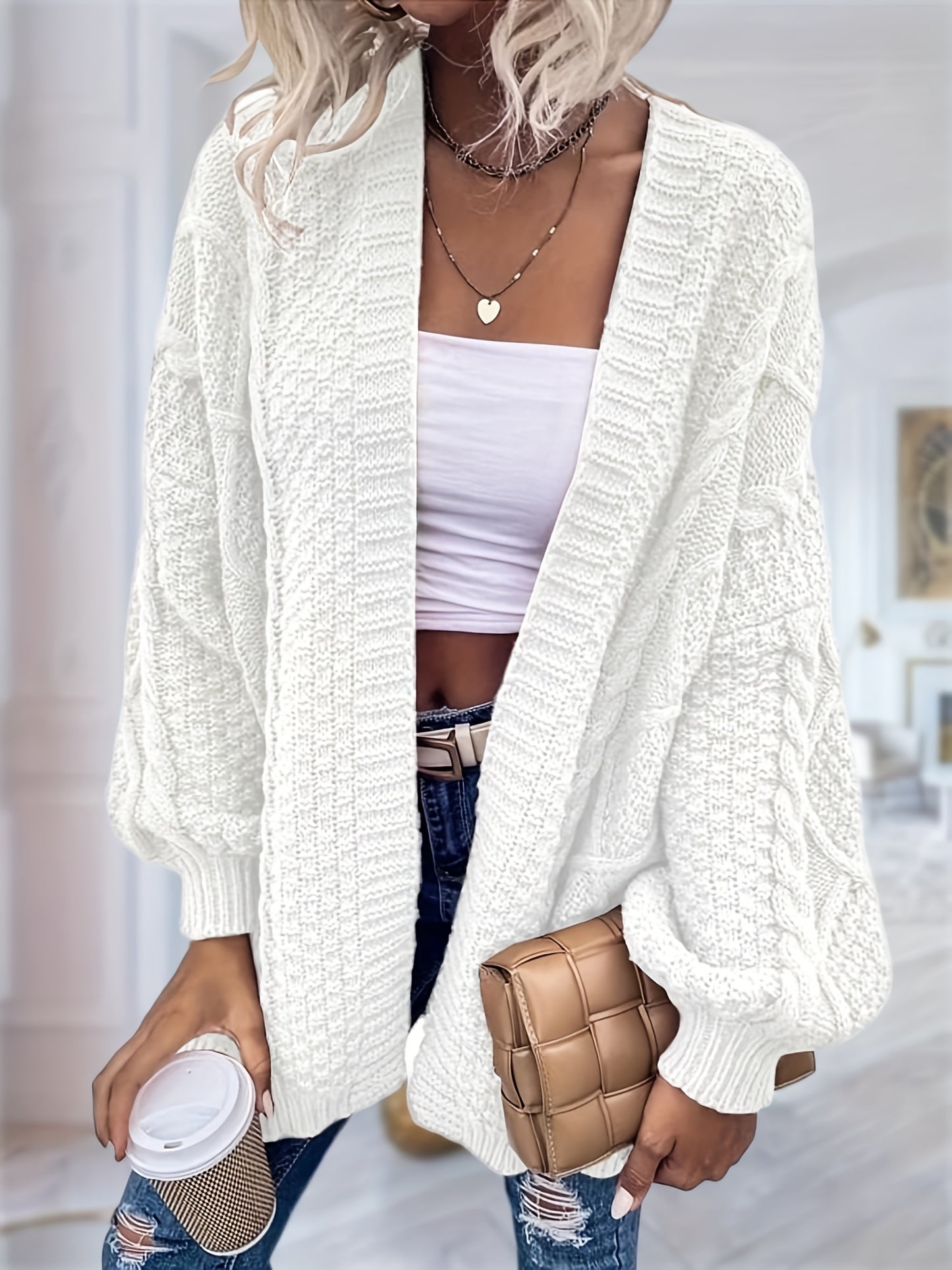 Women's Oversized Chunky Cable Cardigan Sweater Coat - Soft Pink Open Front Long Sleeve Winter Coat with Button-Free Closure, Cozy Fall & Winter Sweater for Casual Semi-Formal Outfits