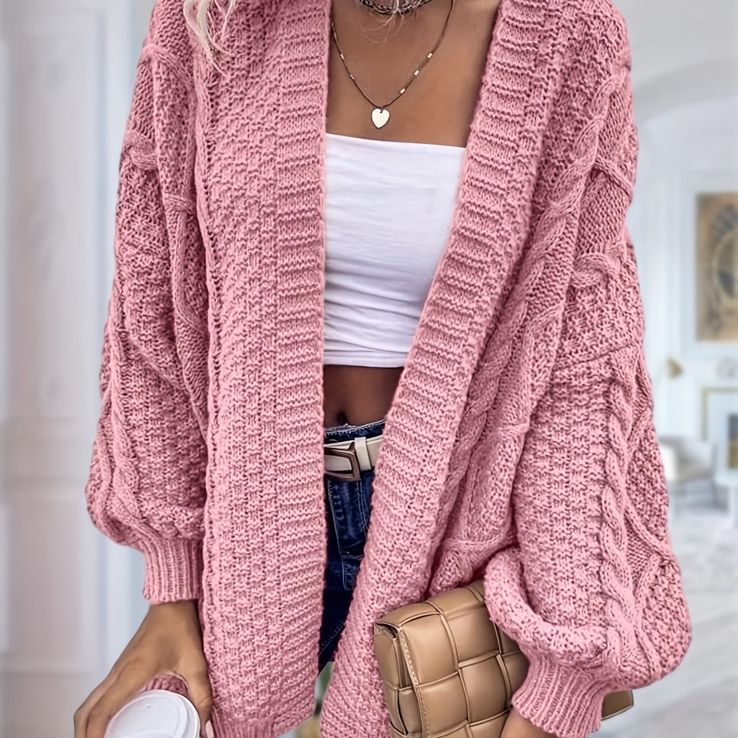 Women's Oversized Chunky Cable Cardigan Sweater Coat - Soft Pink Open Front Long Sleeve Winter Coat with Button-Free Closure, Cozy Fall & Winter Sweater for Casual Semi-Formal Outfits