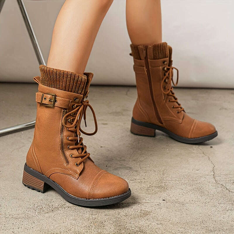 Women's Winter Lace Up Mid Calf Combat Riding Boots