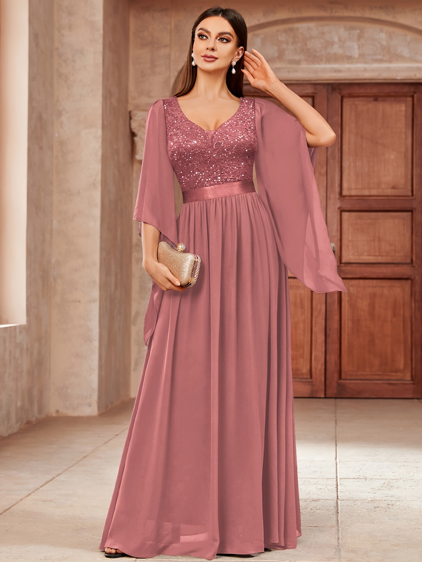 Deep V-Neck Lace Gown – Fit & Flare Sequin Dress