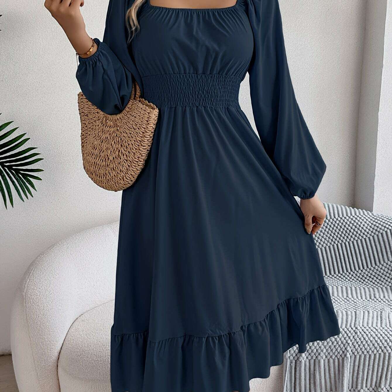 Ruffle Hem Lantern Sleeve A-line Dress, Elegant Solid Color Square Neck Backless Shirred Dress, Women's Clothing